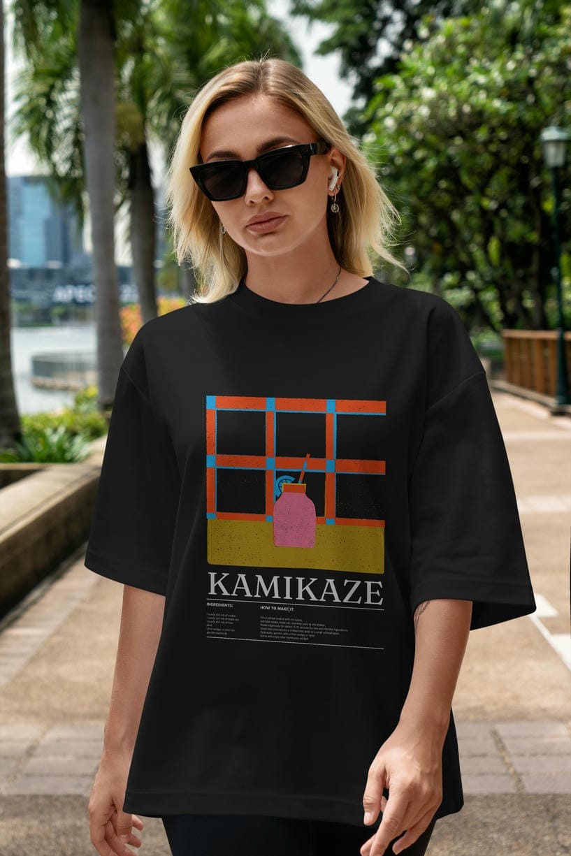 Kamikaze Kokteyl Ön Baskılı Oversize t-shirt Erkek Kadın %100 Pamuk Bisiklet Yaka tişort