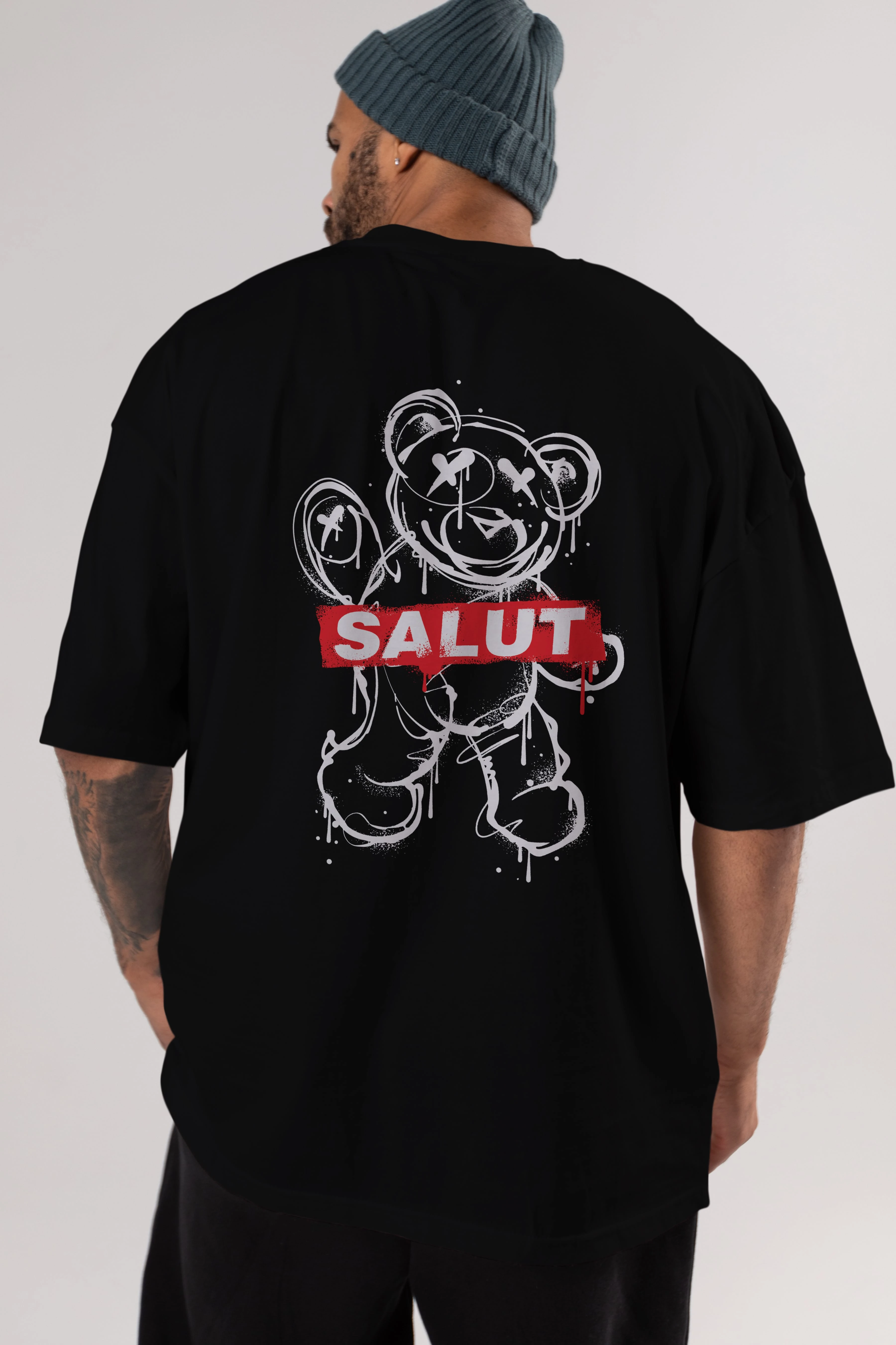 Teddy Bear Salut Arka Baskılı Oversize t-shirt Erkek Kadın Unisex