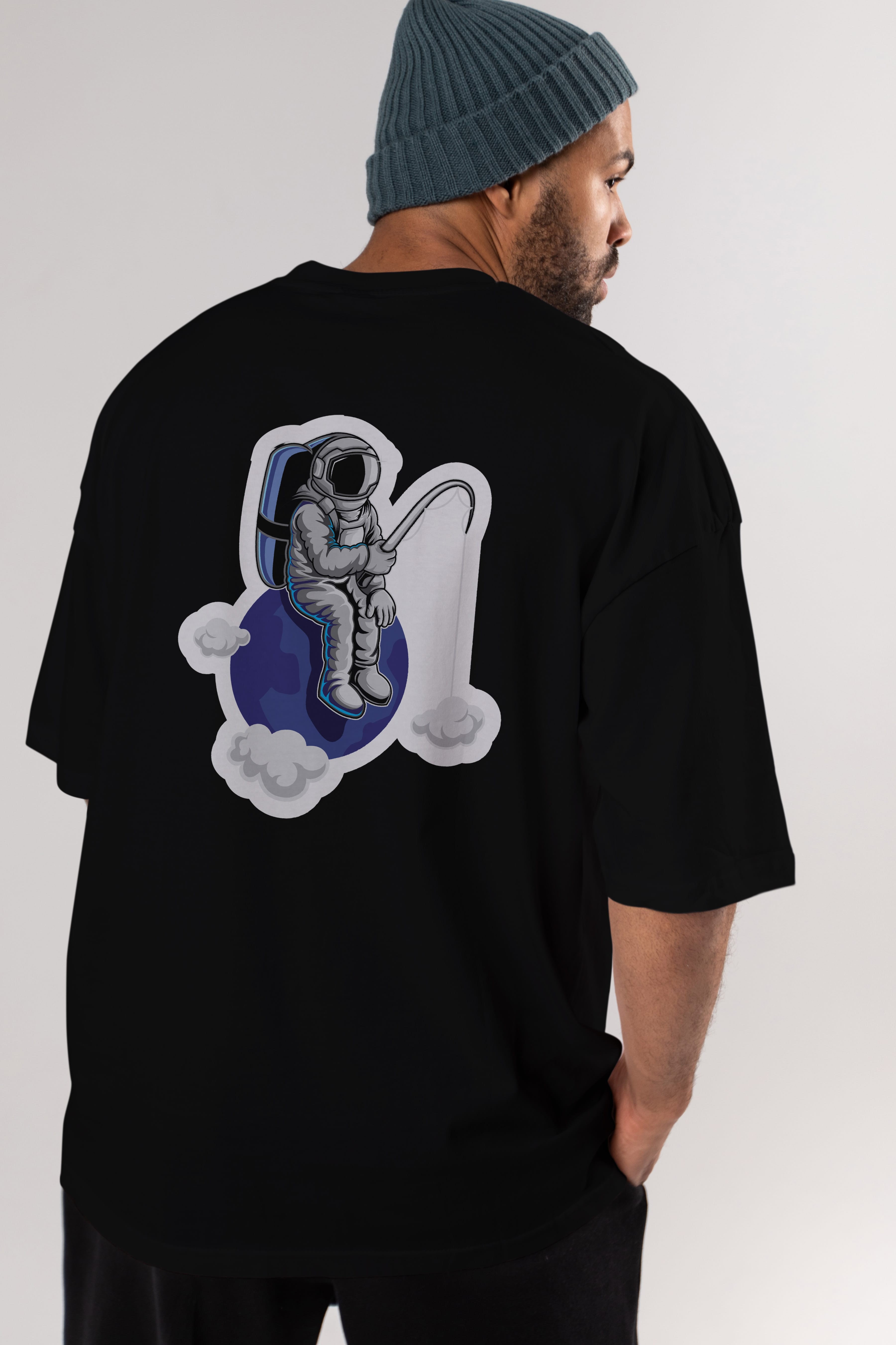 Astronaut Fishing Sticker Arka Baskılı Oversize t-shirt Erkek Kadın Unisex