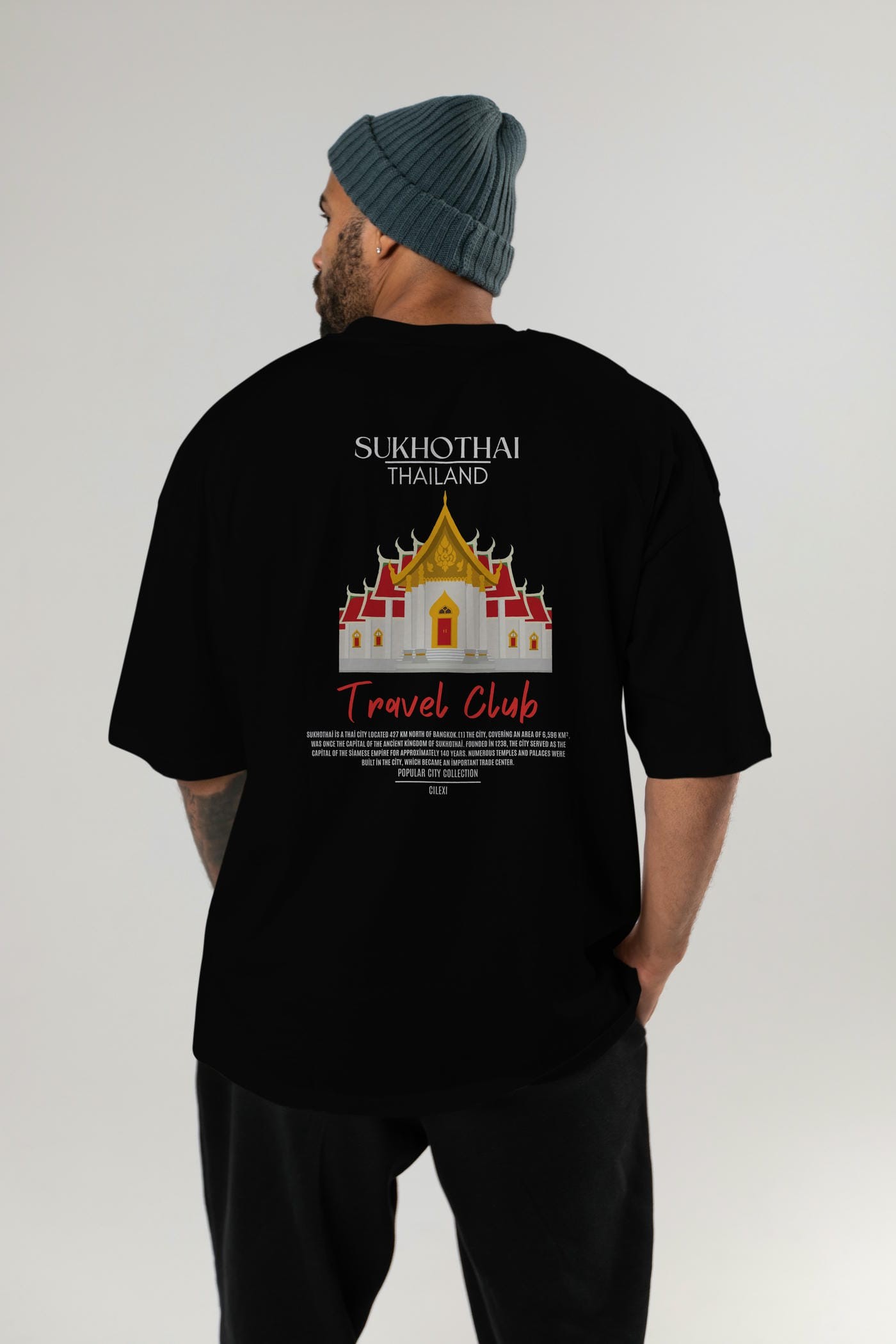 Sukhothai Thailand Arka Baskılı Oversize t-shirt Erkek Kadın Pamuk Bisiklet Yaka tişort