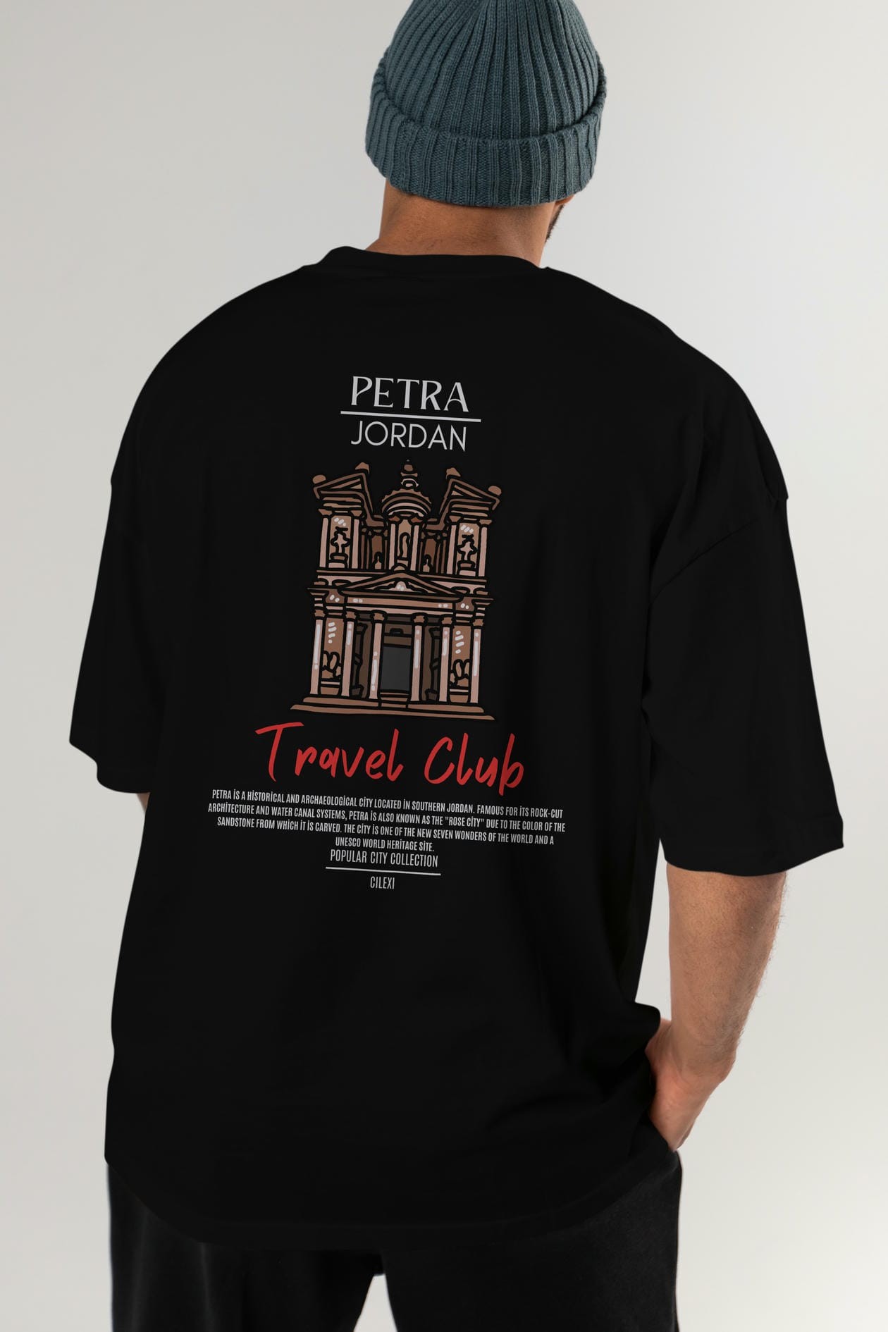 Petra Jordan Arka Baskılı Oversize t-shirt Erkek Kadın Pamuk Bisiklet Yaka tişort