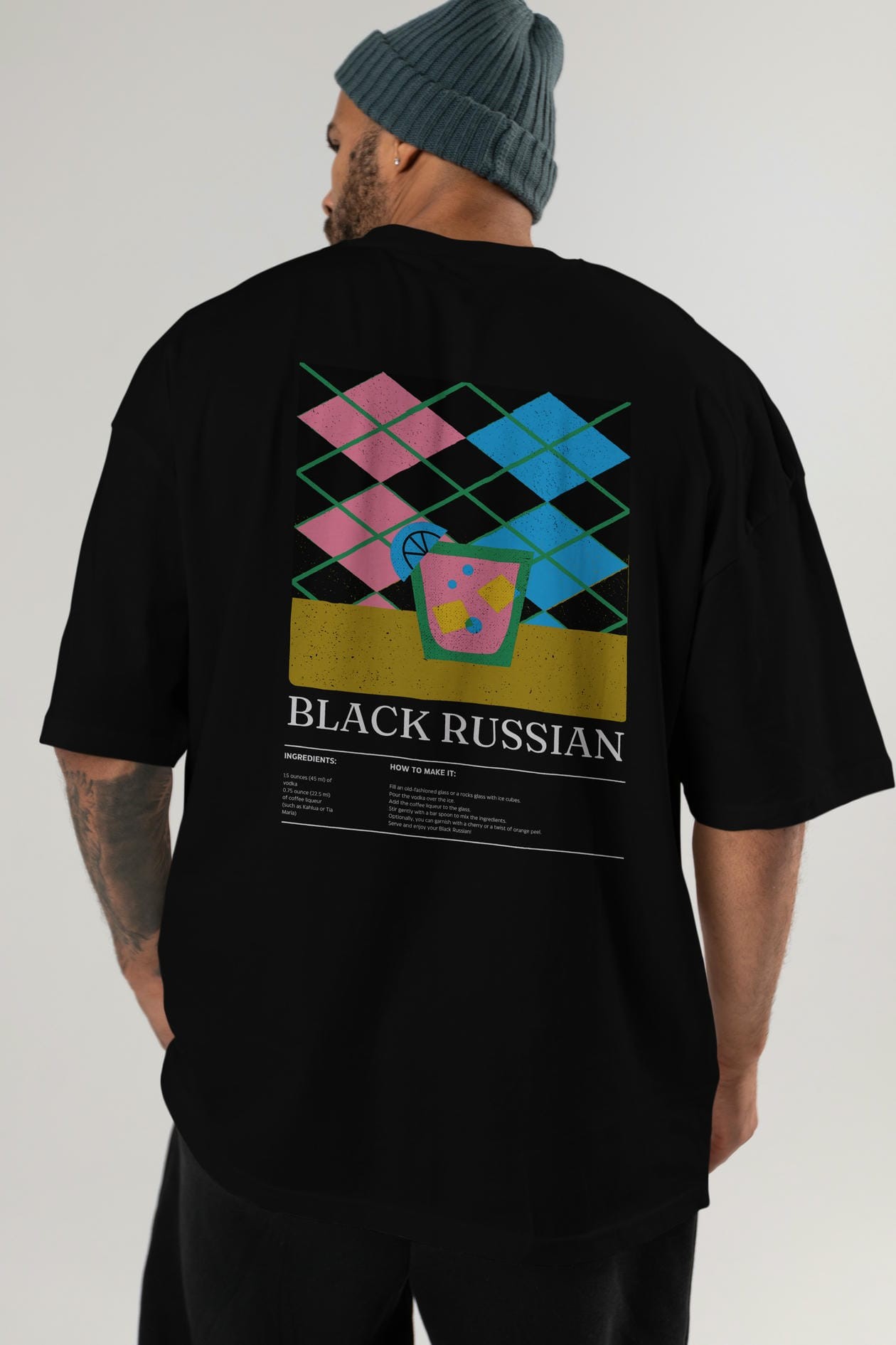 Black Russian Kokteyl Serisi Arka Baskılı Oversize t-shirt Erkek Kadın %100 Pamuk Bisiklet Yaka tişort
