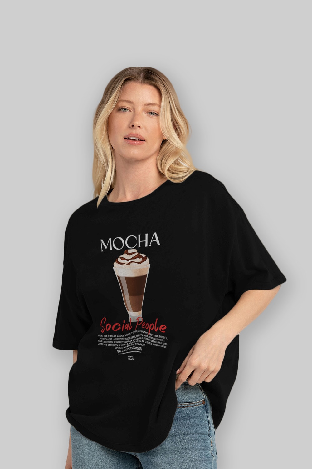 Mocha Kokteyl Serisi ön Baskılı Oversize t-shirt Erkek Kadın %100 Pamuk Bisiklet Yaka tişort