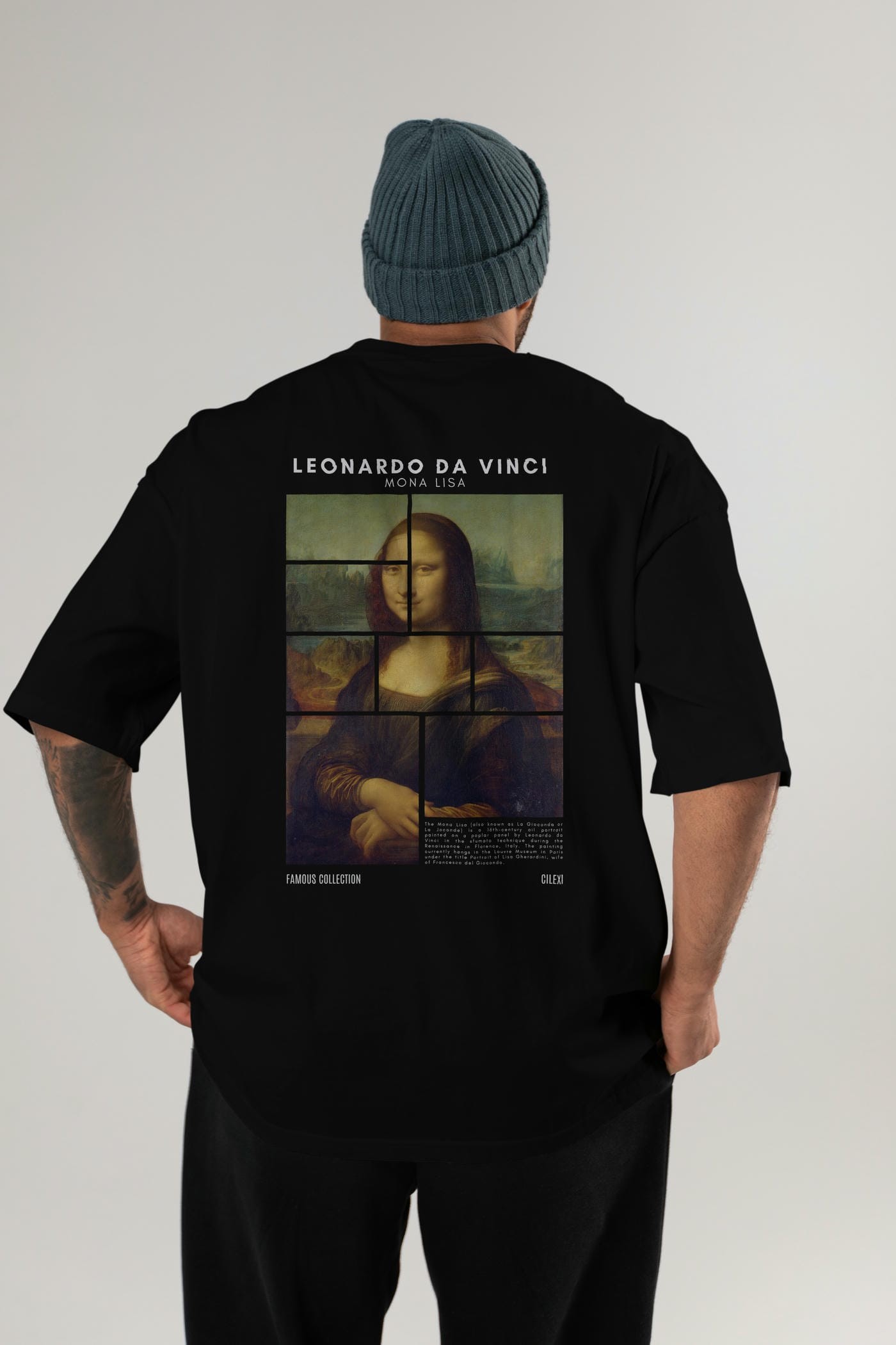 Leonardo Da Vinci Mona Lisa Arka Baskılı Oversize t-shirt Erkek Kadın Bisiklet Yaka Pamuk tişort