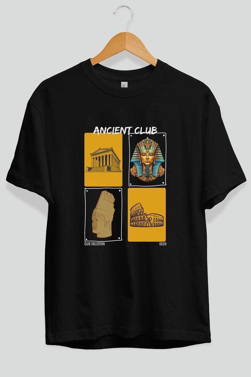 Ancient Club ön Baskılı Oversize t-shirt Erkek Kadın %100 Pamuk Bisiklet Yaka tişort