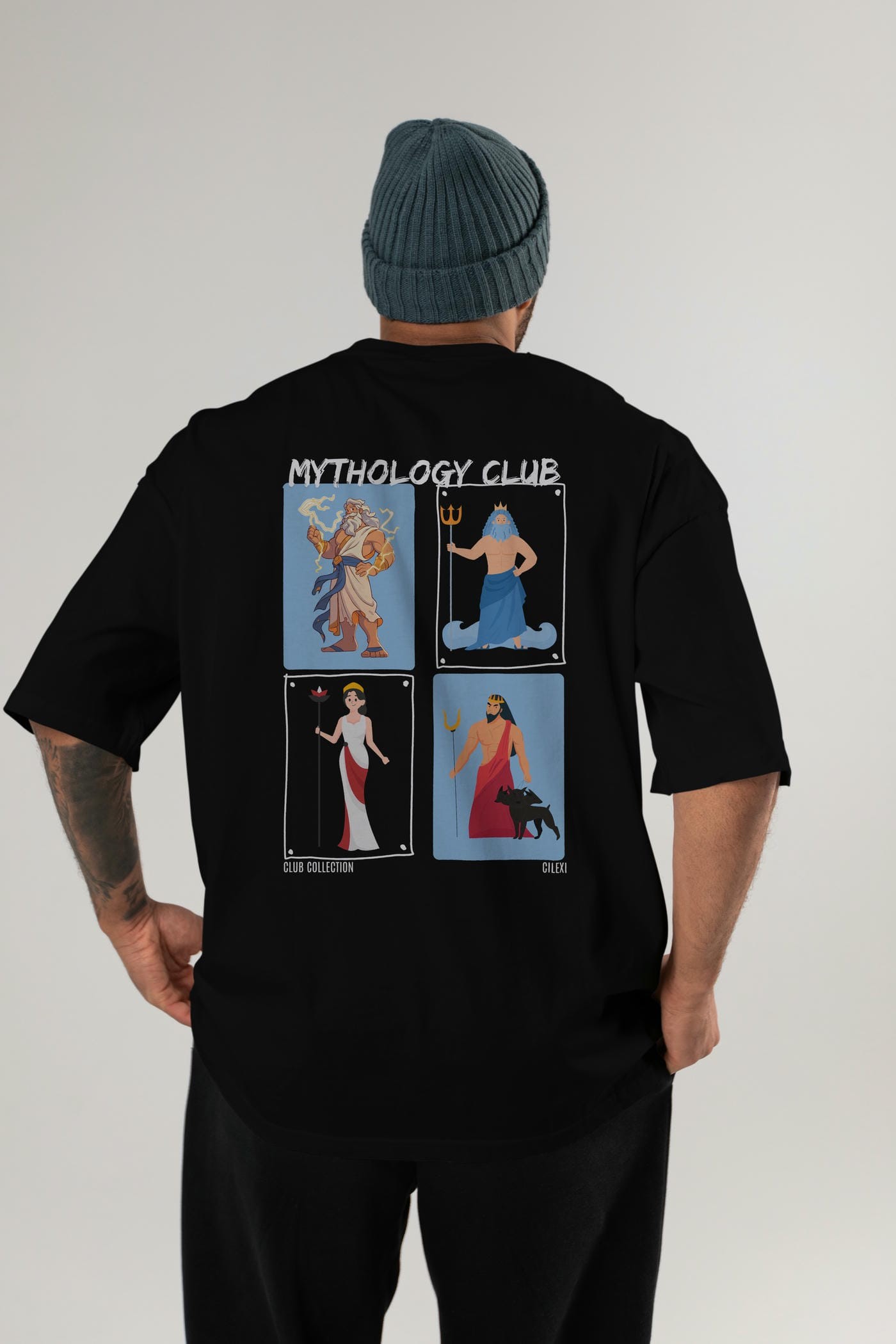Mythology Club 2 Arka Baskılı Oversize t-shirt Erkek Kadın %100 Pamuk Bisiklet Yaka tişort