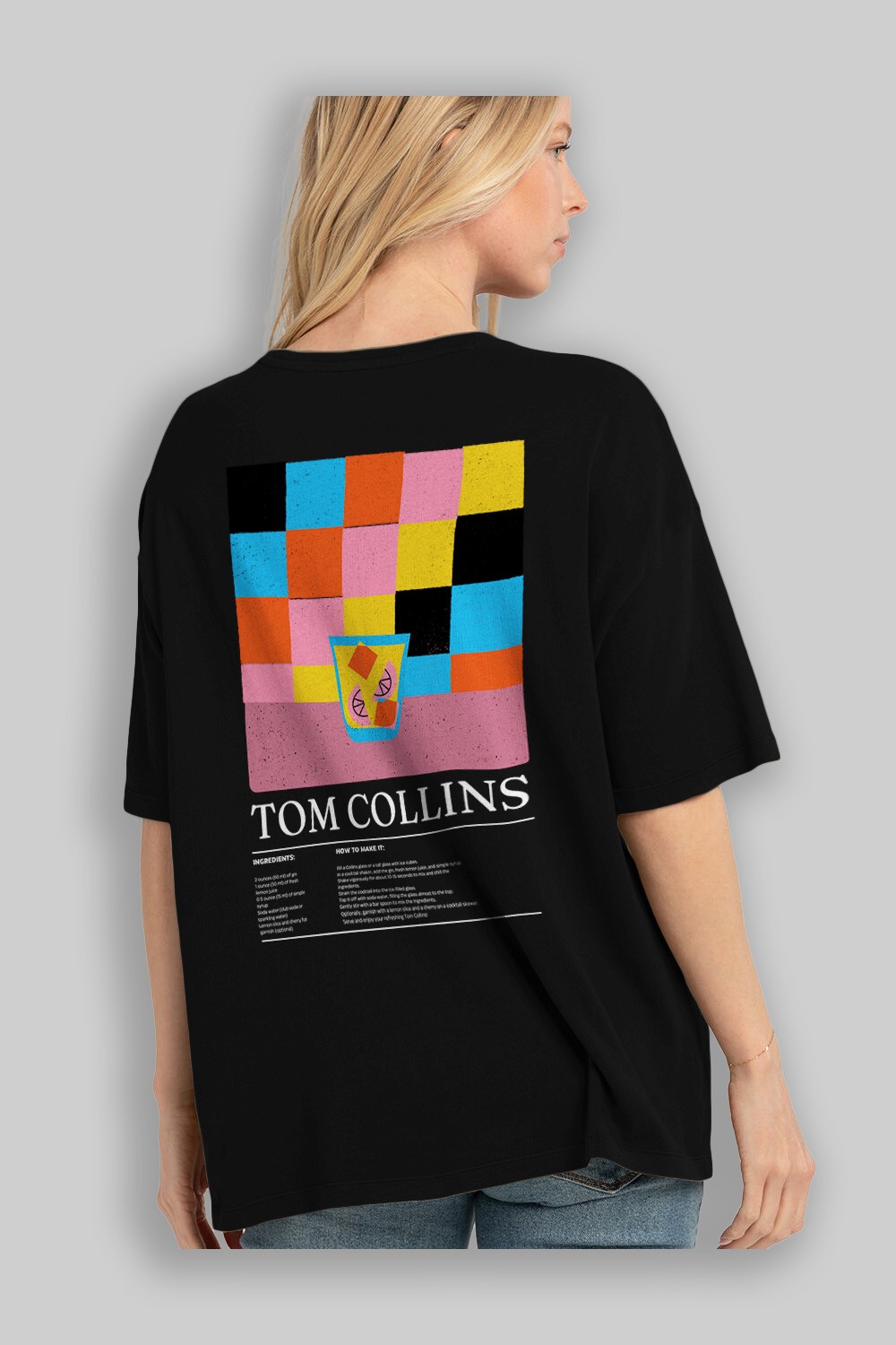 Tom Collins Kokteyl Serisi Arka Baskılı Oversize t-shirt Erkek Kadın %100 Pamuk Bisiklet Yaka tişort