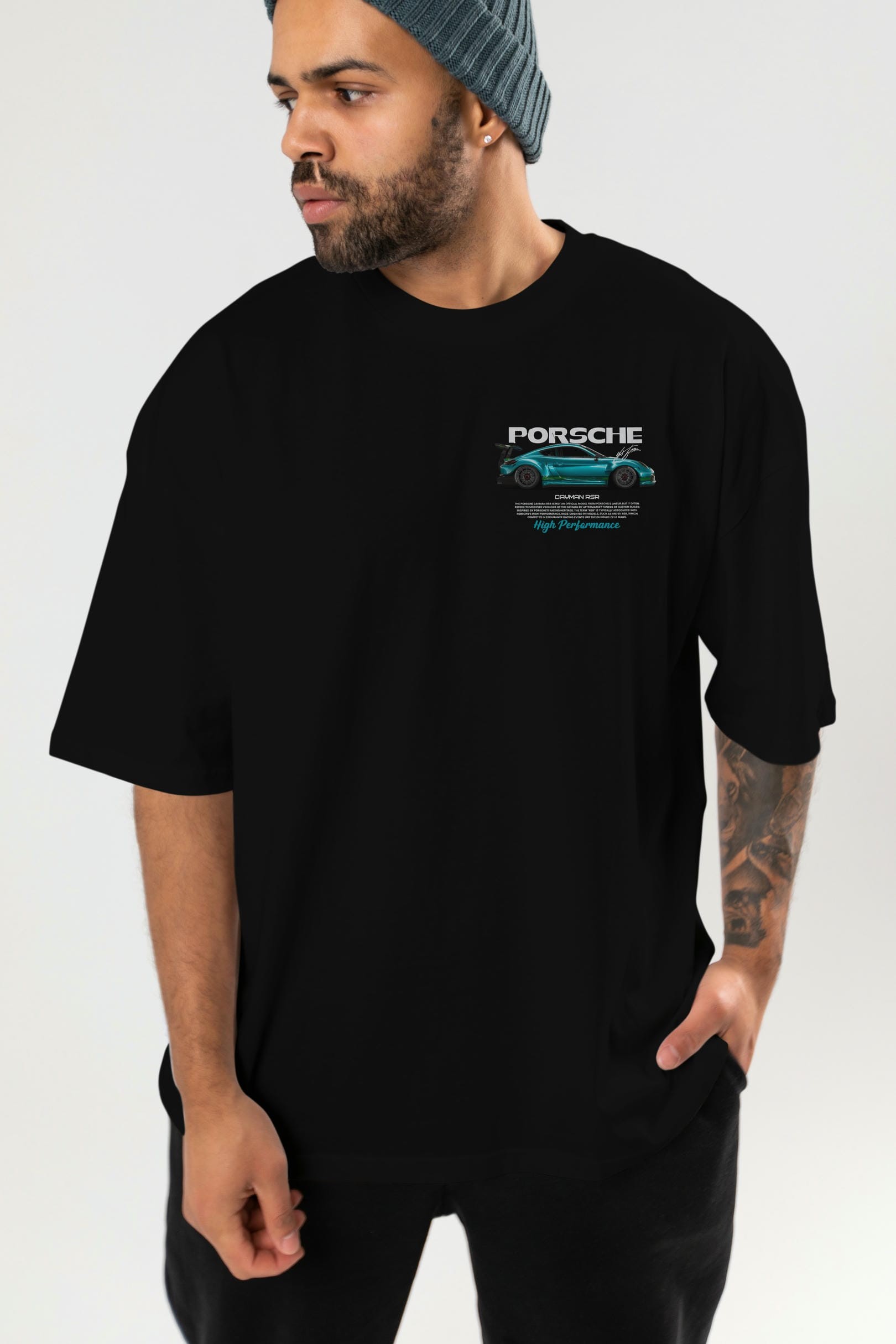 PORSCHE CAYMAN RSR Ön Sol Baskılı Oversize t-shirt Erkek Kadın Unisex %100 Pamuk Bisiklet Yaka tişort
