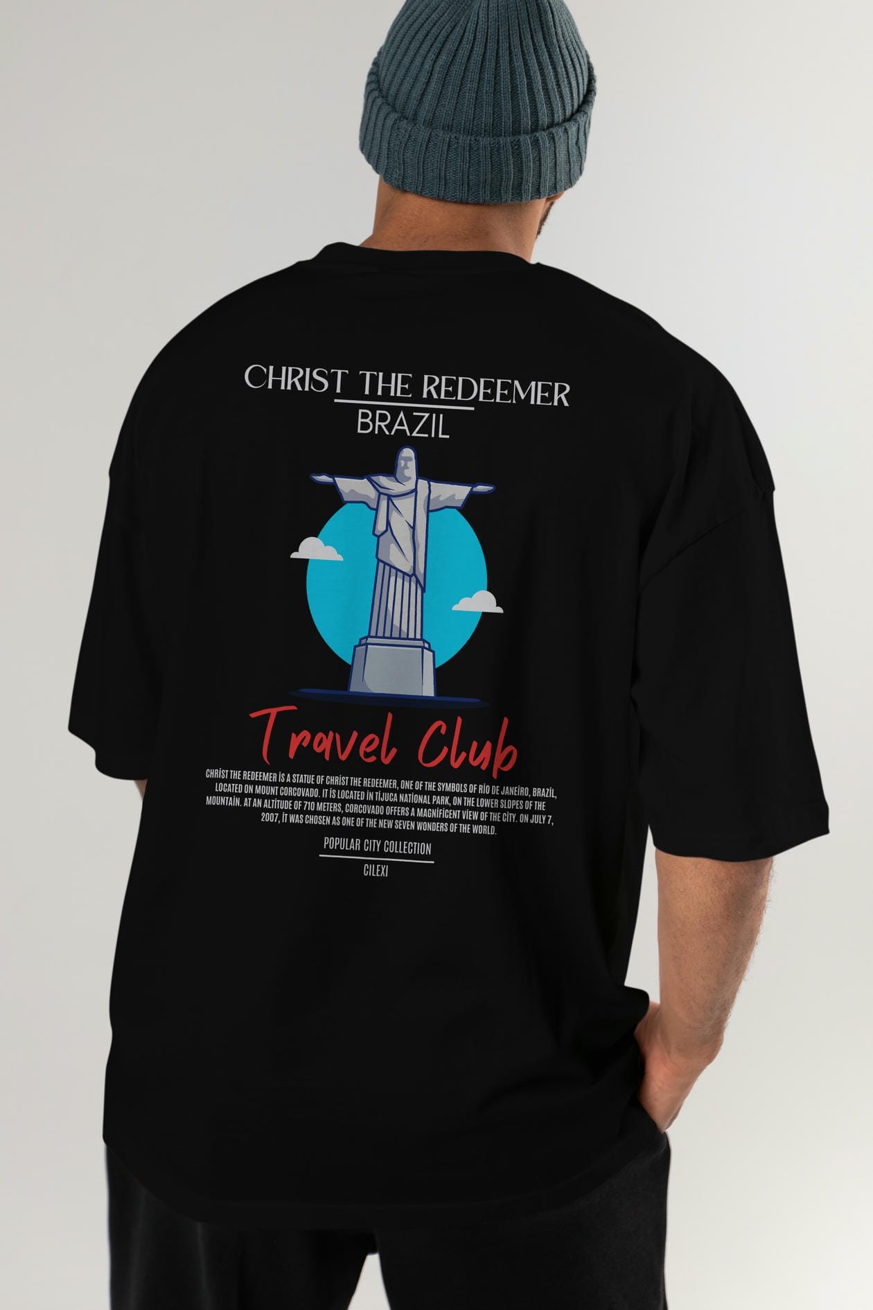 Christ The Redeemer Brazil Arka Baskılı Oversize t-shirt Erkek Kadın Pamuk Bisiklet Yaka tişort