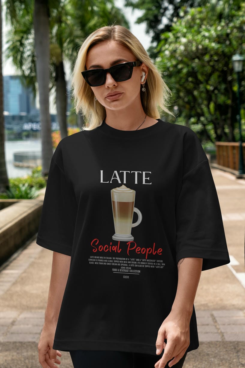 Latte Kokteyl Serisi ön Baskılı Oversize t-shirt Erkek Kadın %100 Pamuk Bisiklet Yaka tişort