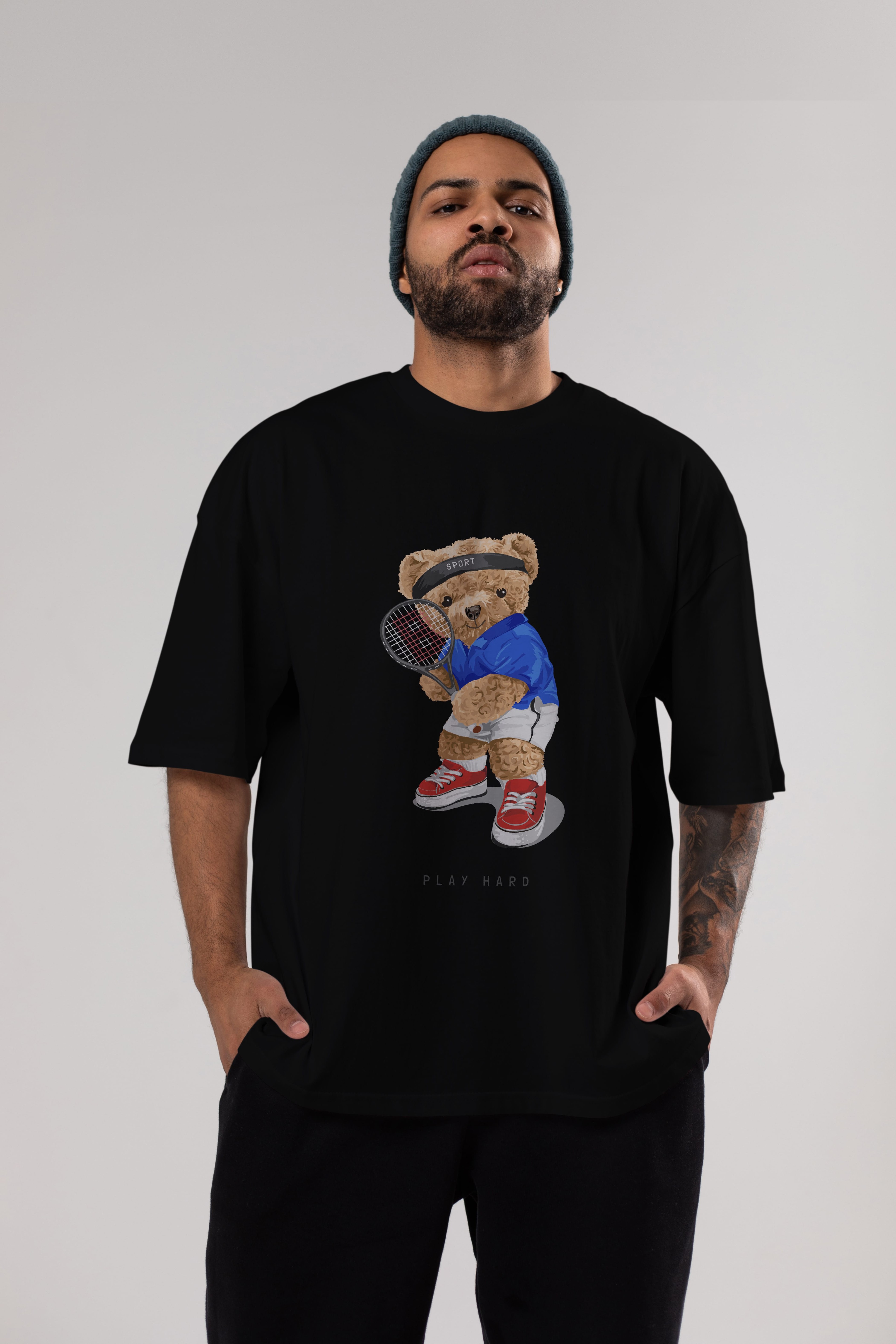 Teddy Bear Play Hard Ön Baskılı Oversize t-shirt Erkek Kadın Unisex %100 Pamuk
