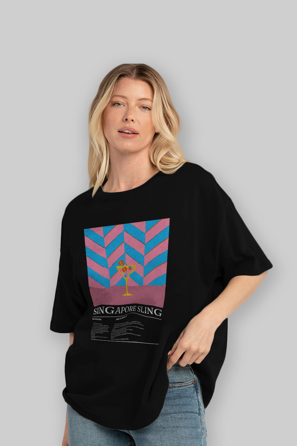 Sıngapore Sling Kokteyl Ön Baskılı Oversize t-shirt Erkek Kadın %100 Pamuk Bisiklet Yaka tişort