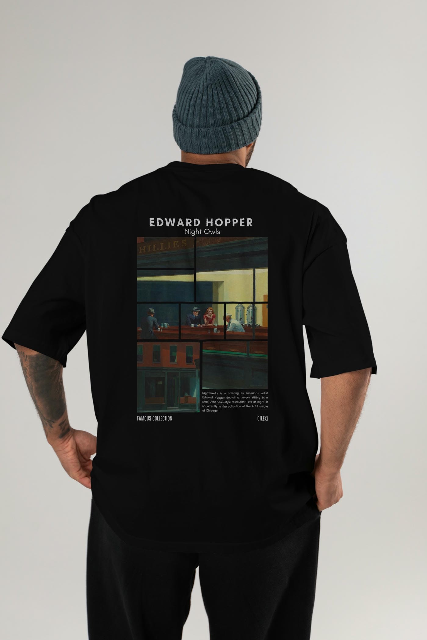 Edward Hopper Night Owls Arka Baskılı Oversize t-shirt Erkek Kadın Bisiklet Yaka Pamuk tişort