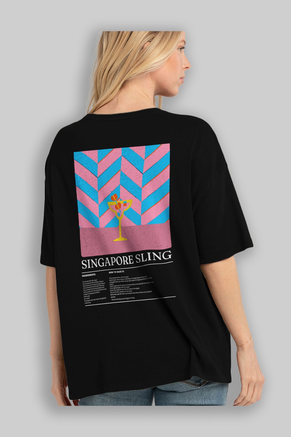 Singapore Sling Kokteyl Serisi Arka Baskılı Oversize t-shirt Erkek Kadın %100 Pamuk Bisiklet Yaka tişort