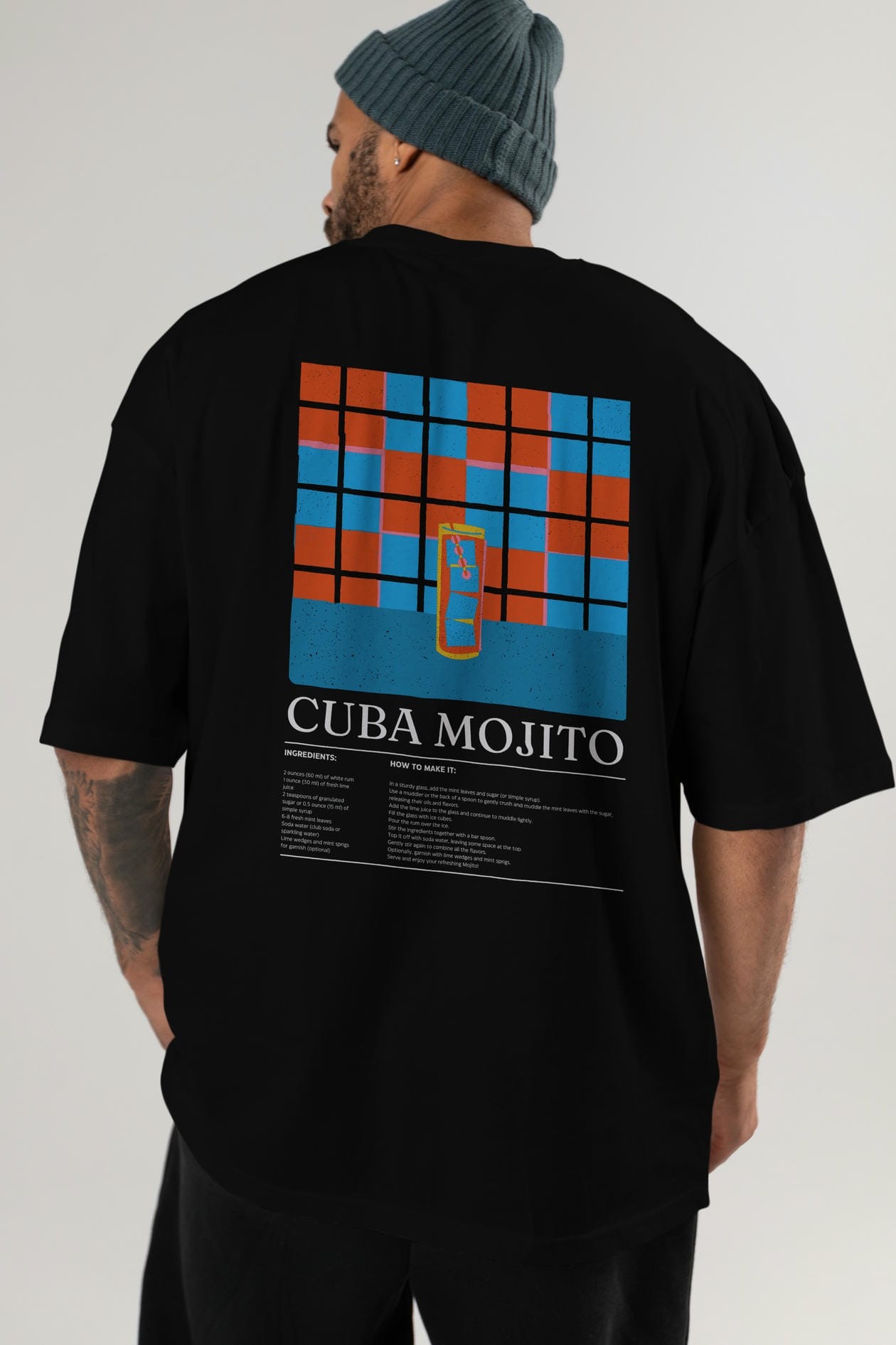 Cuba Mojıto Kokteyl Serisi Arka Baskılı Oversize t-shirt Erkek Kadın %100 Pamuk Bisiklet Yaka tişort