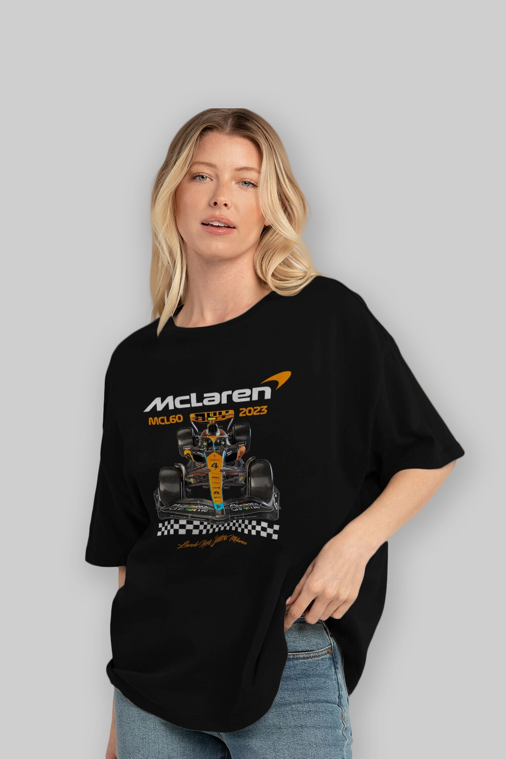 MCLAREN F1 Ön Baskılı Oversize t-shirt Erkek Kadın Unisex %100 Pamuk Bisiklet Yaka tişort