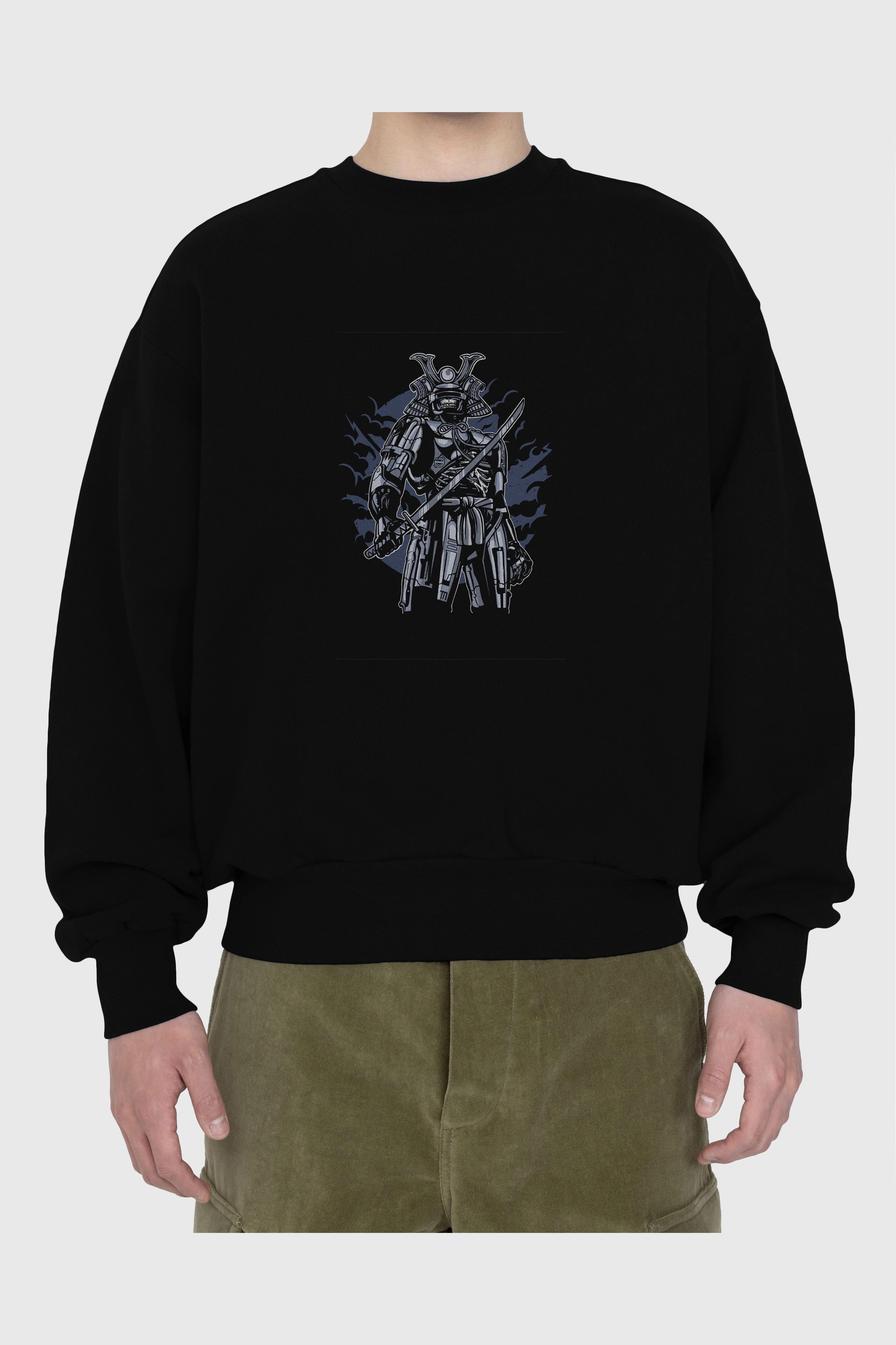 Samurai Robot Skull Ön Baskılı Oversize Sweatshirt Erkek Kadın Unisex