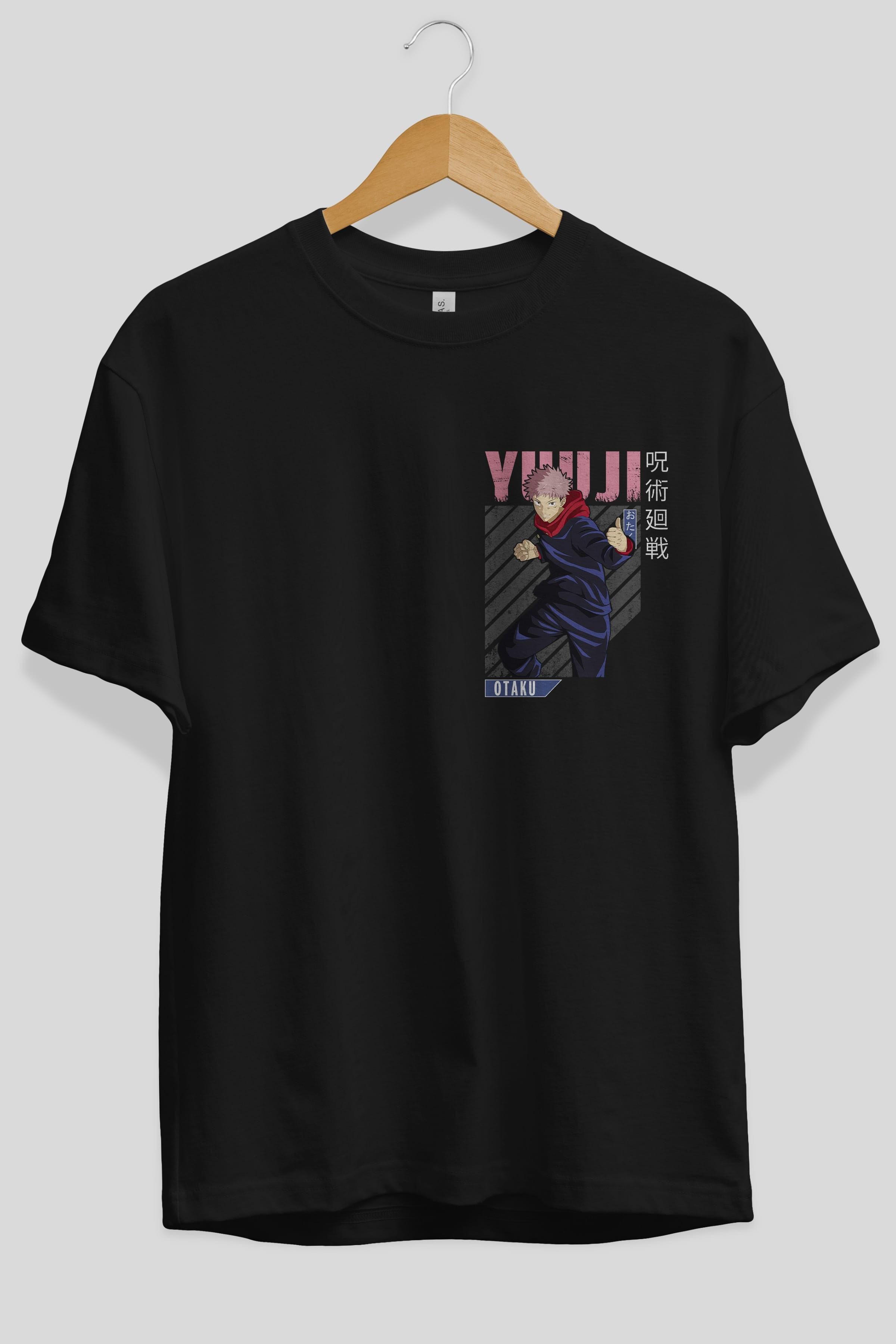 Yuuji Itadori Ön Sol Baskılı Oversize t-shirt Erkek Kadın Unisex %100 Pamuk Bisiklet Yaka tişort