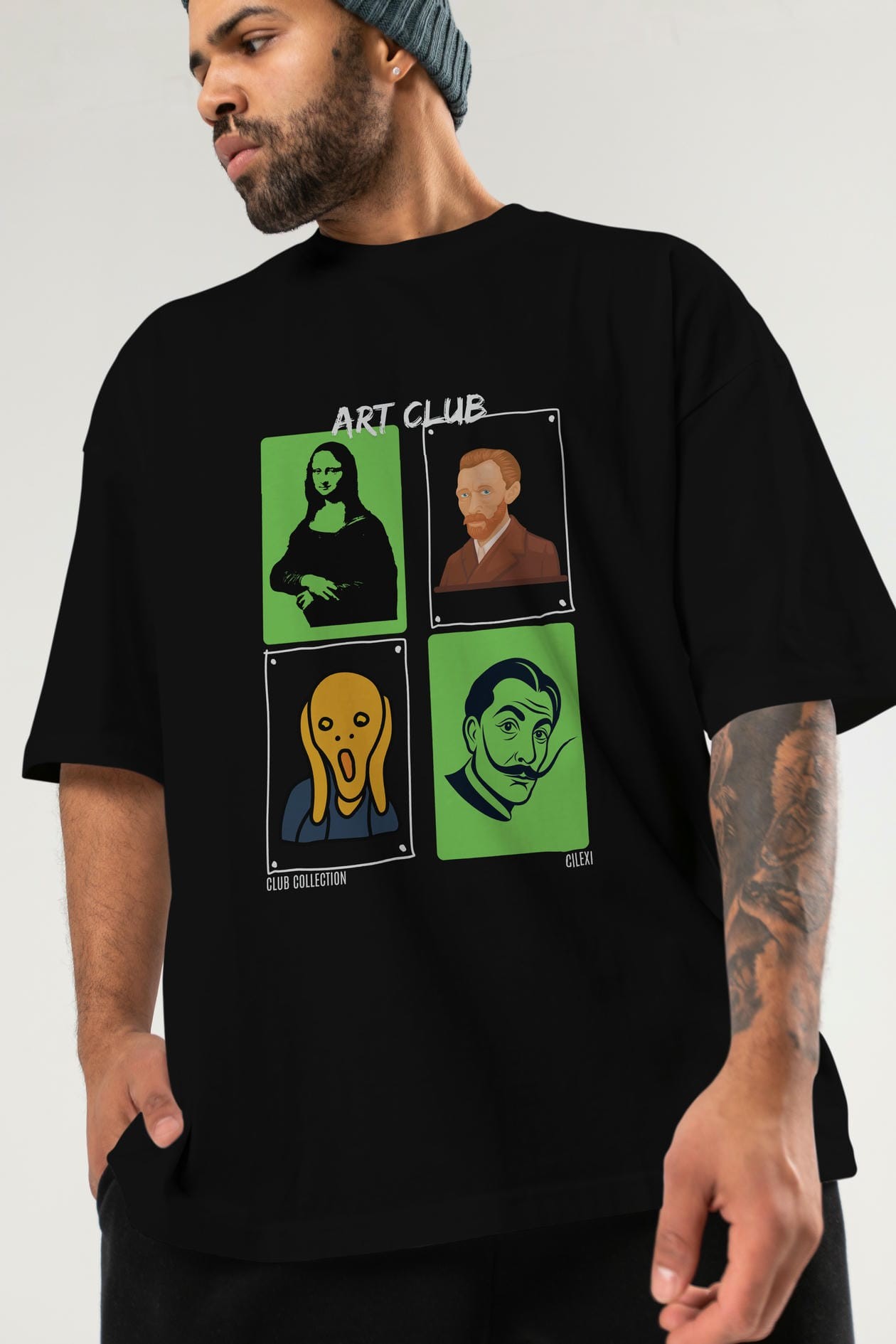 Art Club ön Baskılı Oversize t-shirt Erkek Kadın %100 Pamuk Bisiklet Yaka tişort