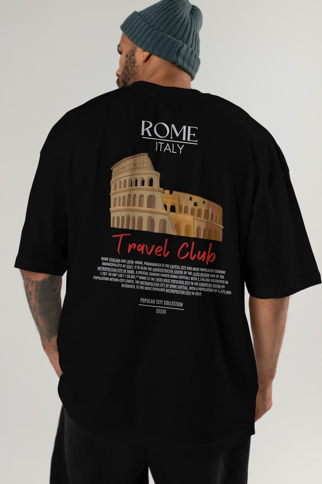 Roma İtaly Arka Baskılı Oversize t-shirt Erkek Kadın Pamuk Bisiklet Yaka tişort
