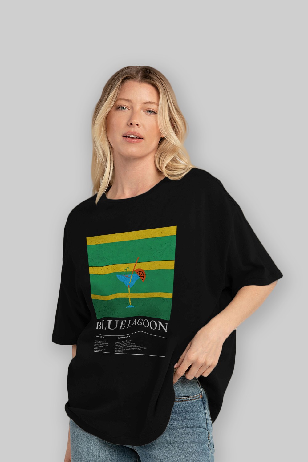Blue Lagoon Kokteyl Ön Baskılı Oversize t-shirt Erkek Kadın %100 Pamuk Bisiklet Yaka tişort