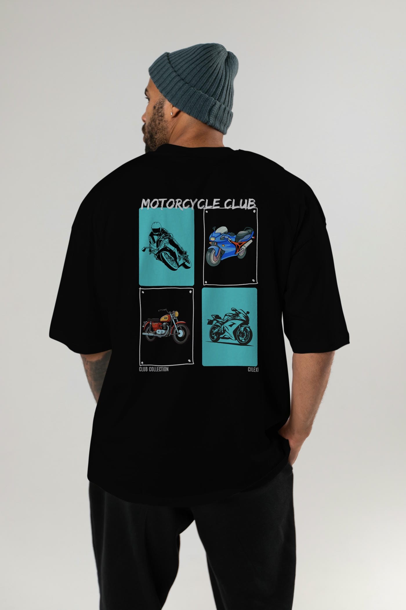 Motorcycle Club Arka Baskılı Oversize t-shirt Erkek Kadın %100 Pamuk Bisiklet Yaka tişort