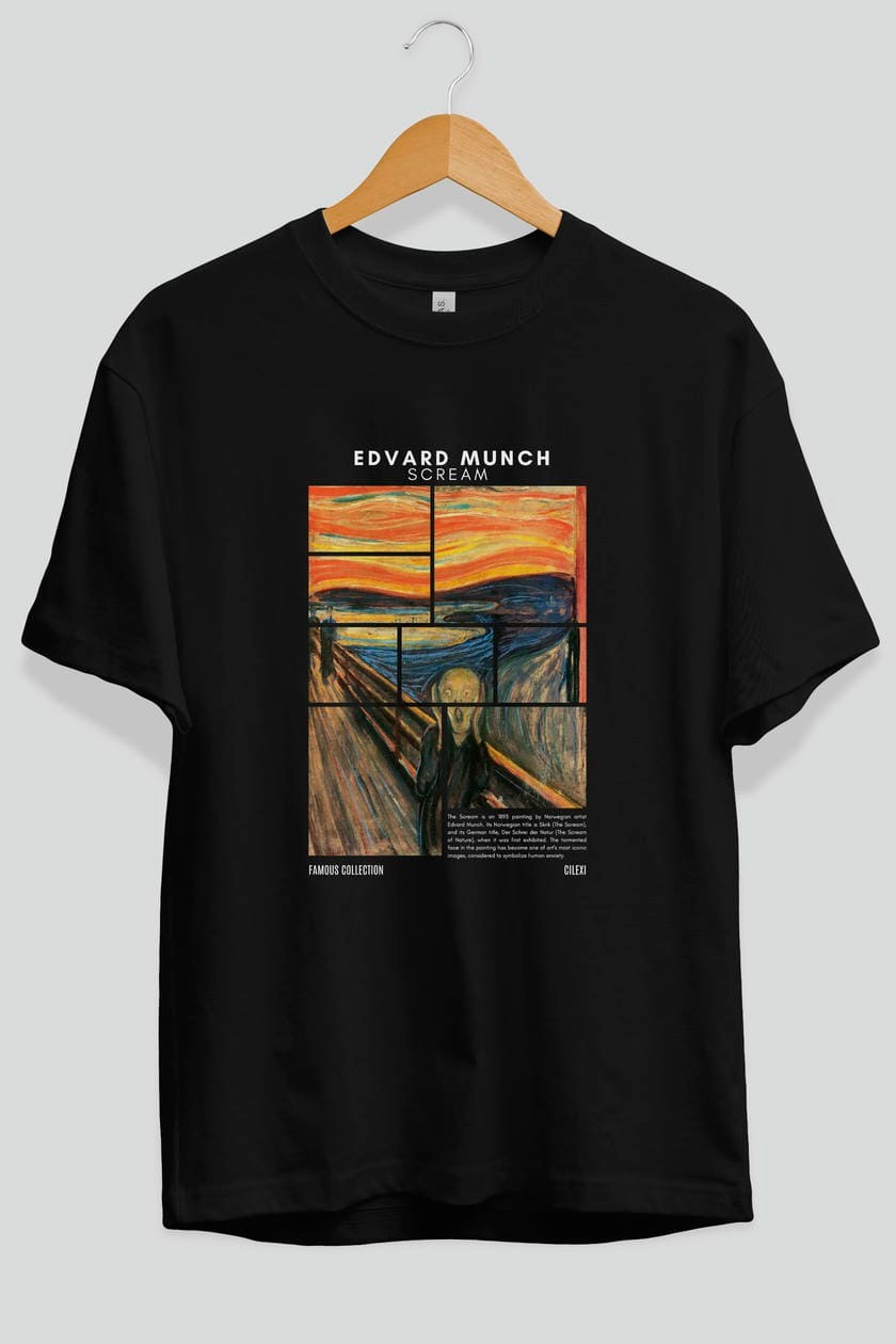 Edvard Munch Scream ön Baskılı Oversize t-shirt Erkek Kadın Bisiklet Yaka Pamuk tişort