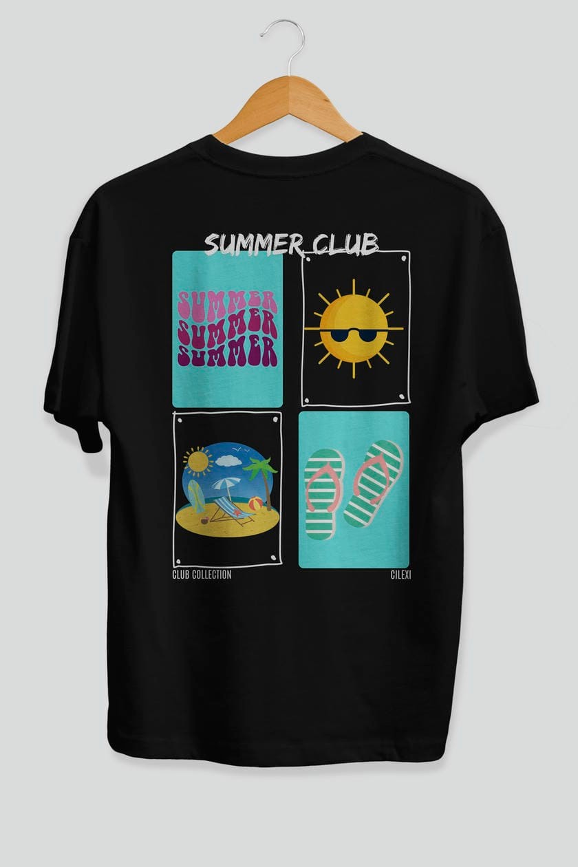 Summer Club Arka Baskılı Oversize t-shirt Erkek Kadın %100 Pamuk Bisiklet Yaka tişort