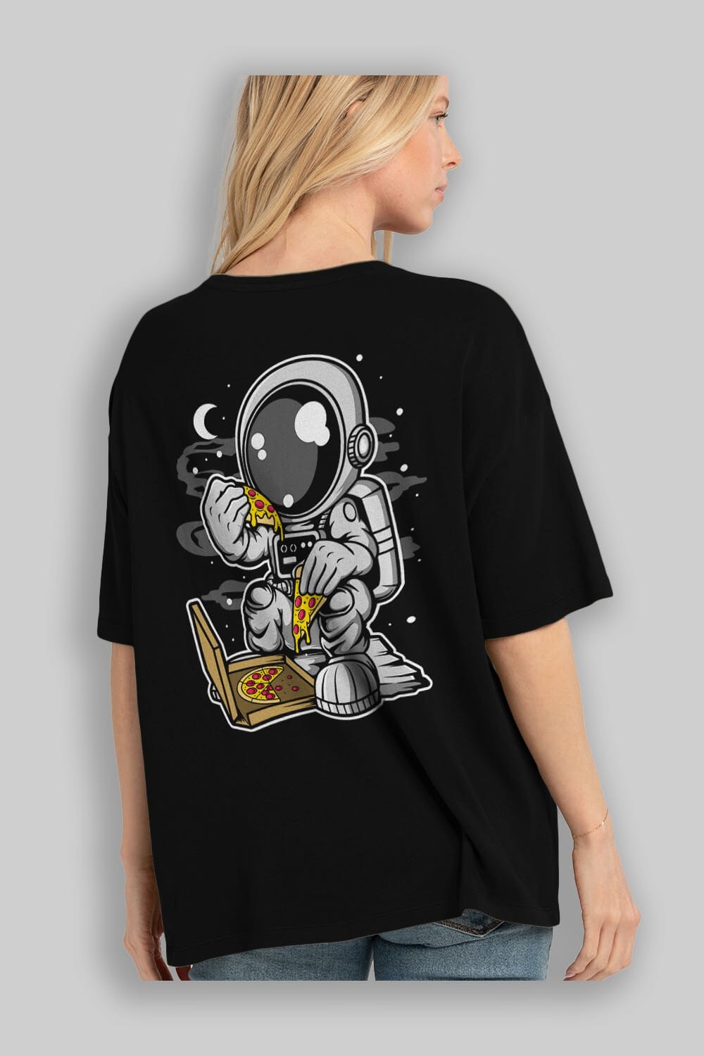 Astronaut Pizza Arka Baskılı Oversize t-shirt Erkek Kadın Unisex