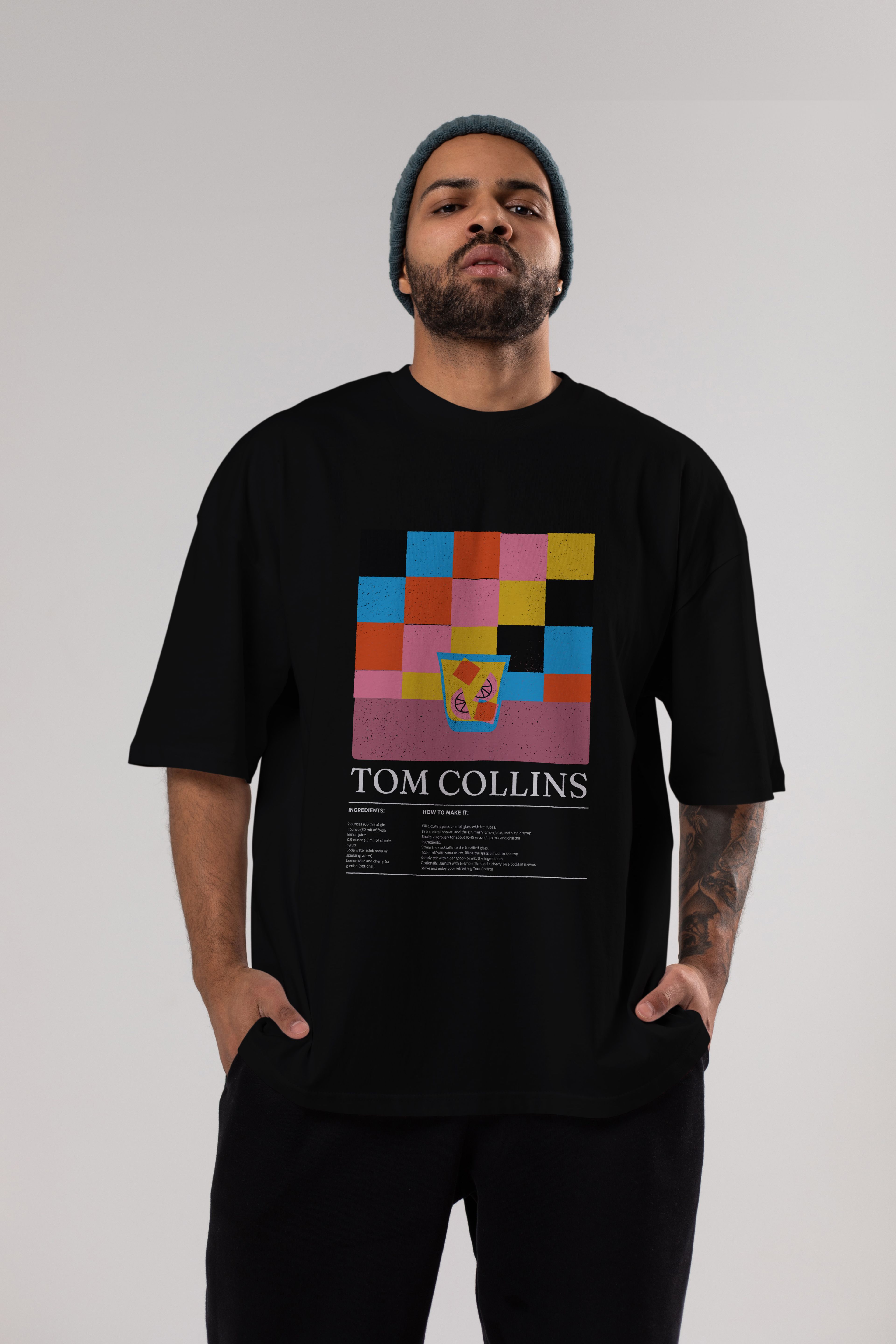 Tom Collins Kokteyl Ön Baskılı Oversize t-shirt Erkek Kadın %100 Pamuk Bisiklet Yaka tişort