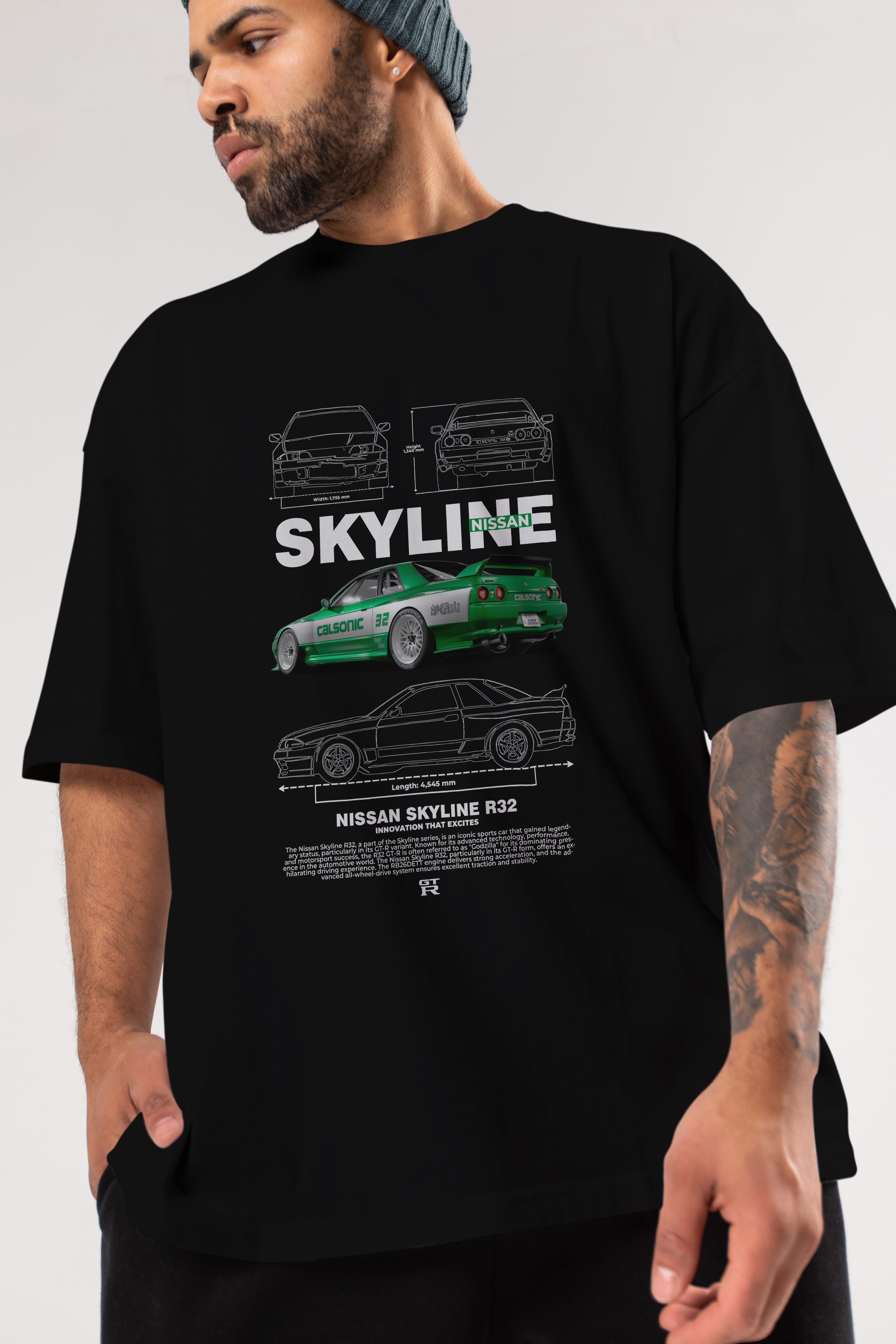 NISSAN SKYLINE R32 Ön Baskılı Oversize t-shirt Erkek Kadın Unisex %100 Pamuk Bisiklet Yaka tişort