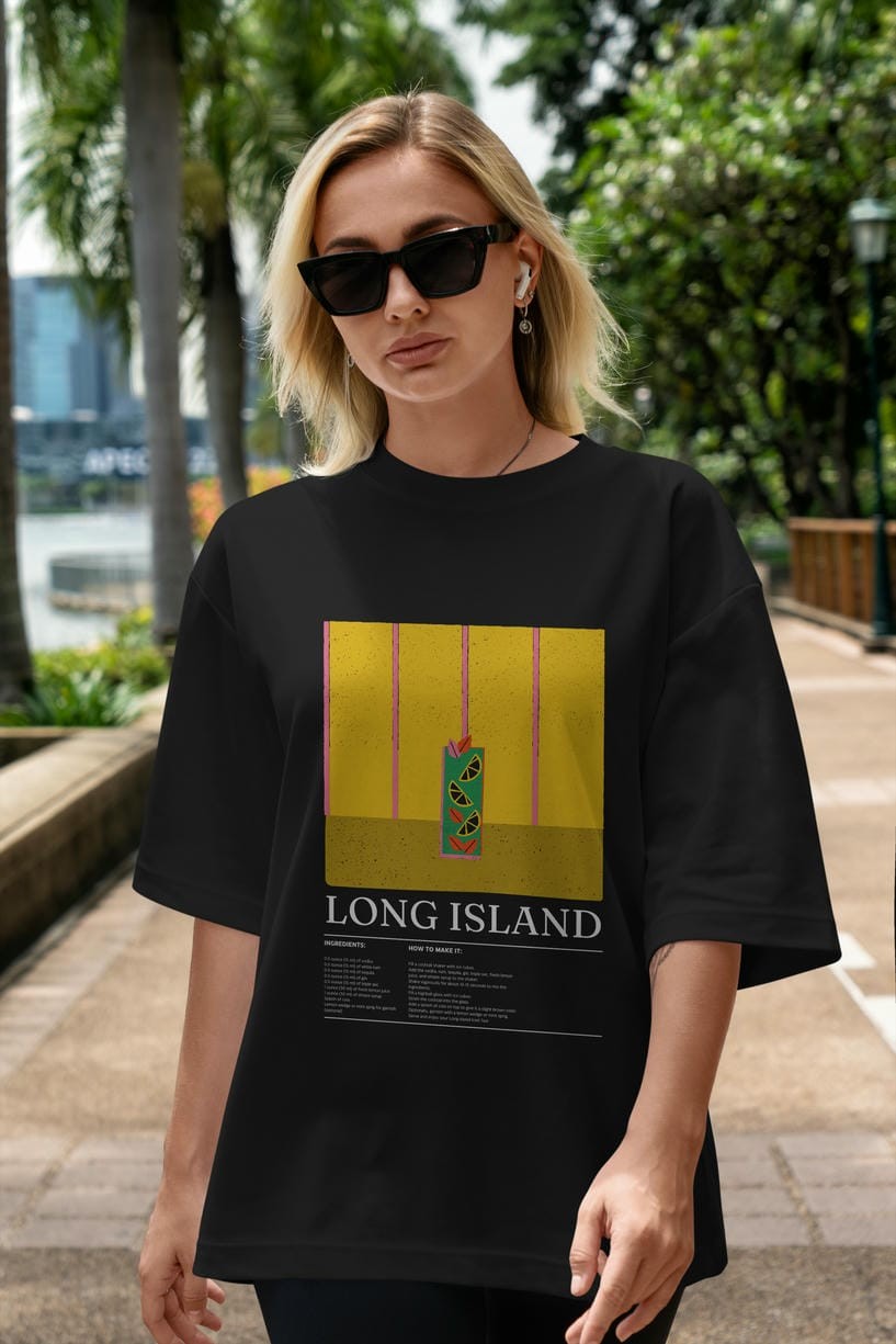 Long Island Kokteyl Ön Baskılı Oversize t-shirt Erkek Kadın %100 Pamuk Bisiklet Yaka tişort