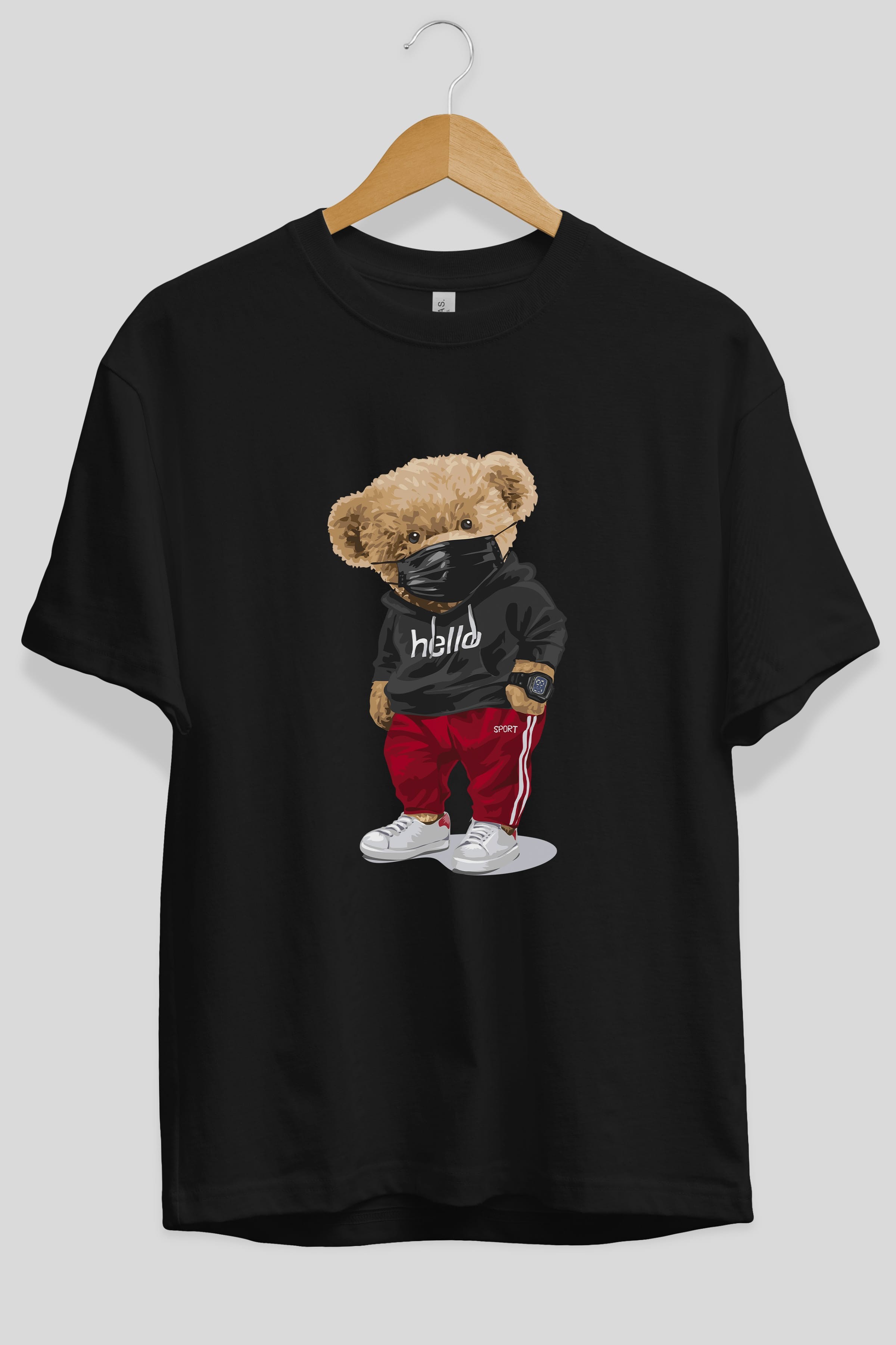 Teddy Bear Hello Sport Ön Baskılı Oversize t-shirt Erkek Kadın Unisex %100 Pamuk