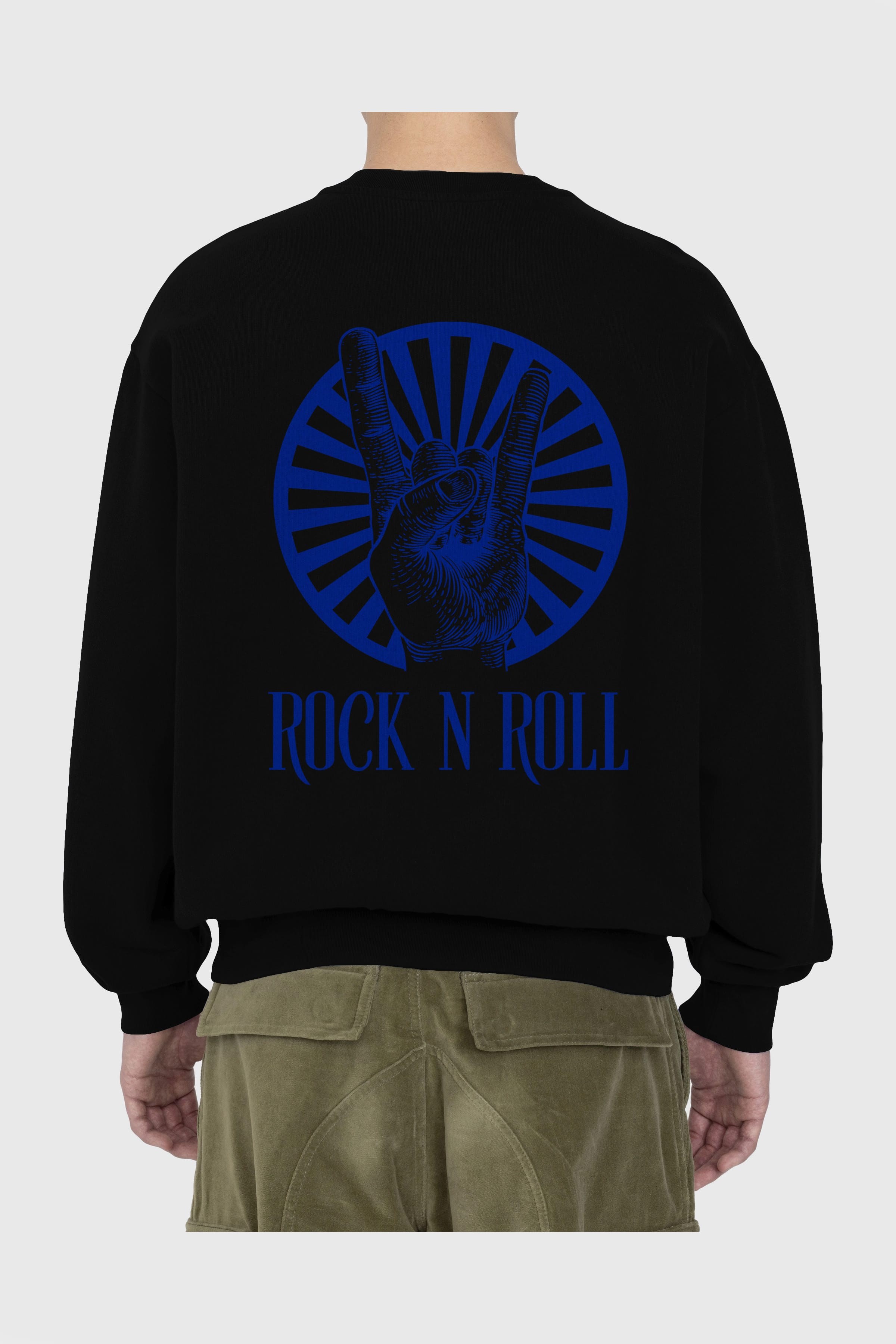 Rock N Roll Yazılı Arka Baskılı Oversize Sweatshirt Erkek Kadın Unisex