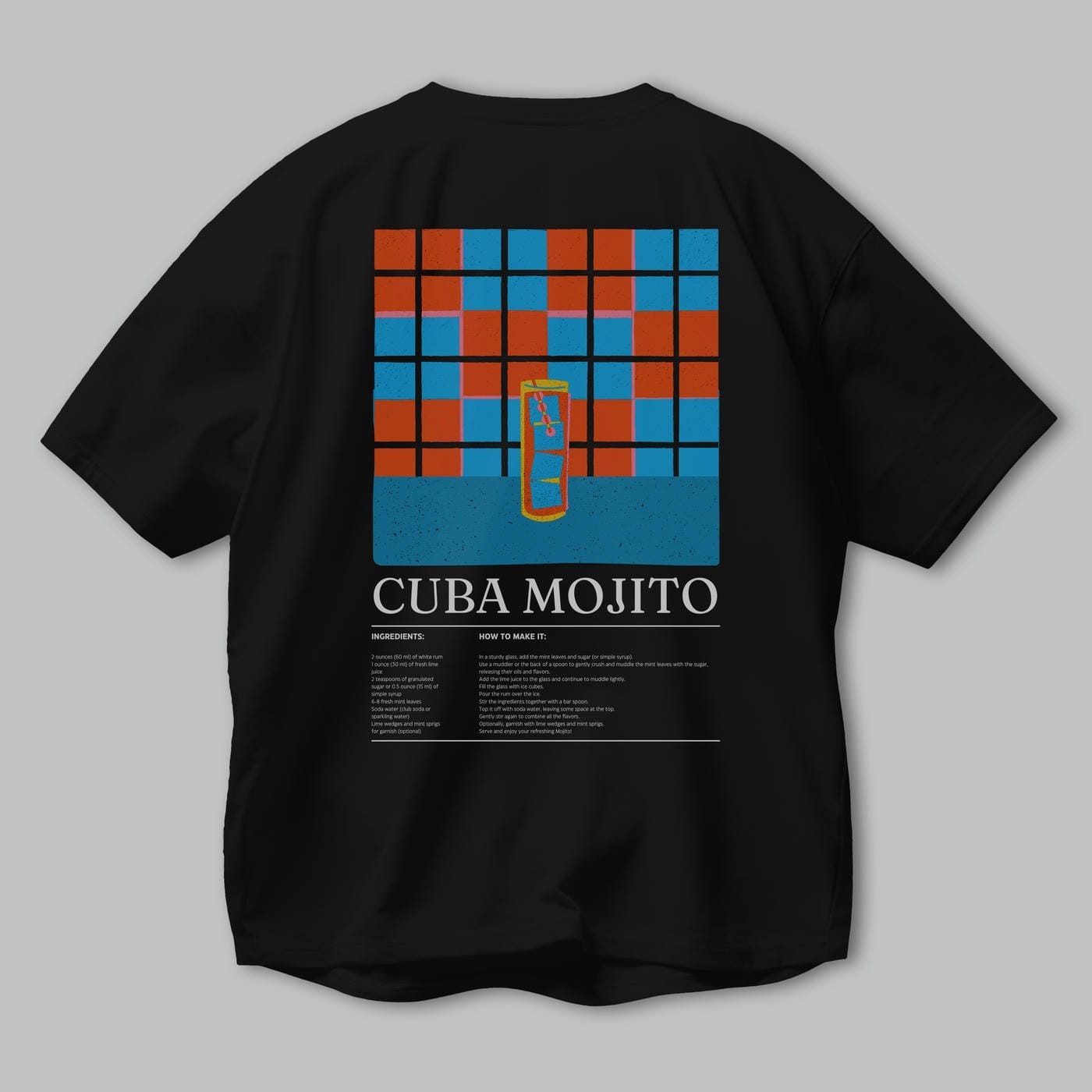 Cuba Mojıto Kokteyl Serisi Arka Baskılı Oversize t-shirt Erkek Kadın %100 Pamuk Bisiklet Yaka tişort