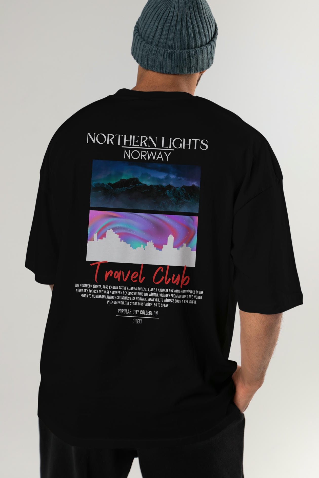 Northern Lights Norway Arka Baskılı Oversize t-shirt Erkek Kadın Pamuk Bisiklet Yaka tişort