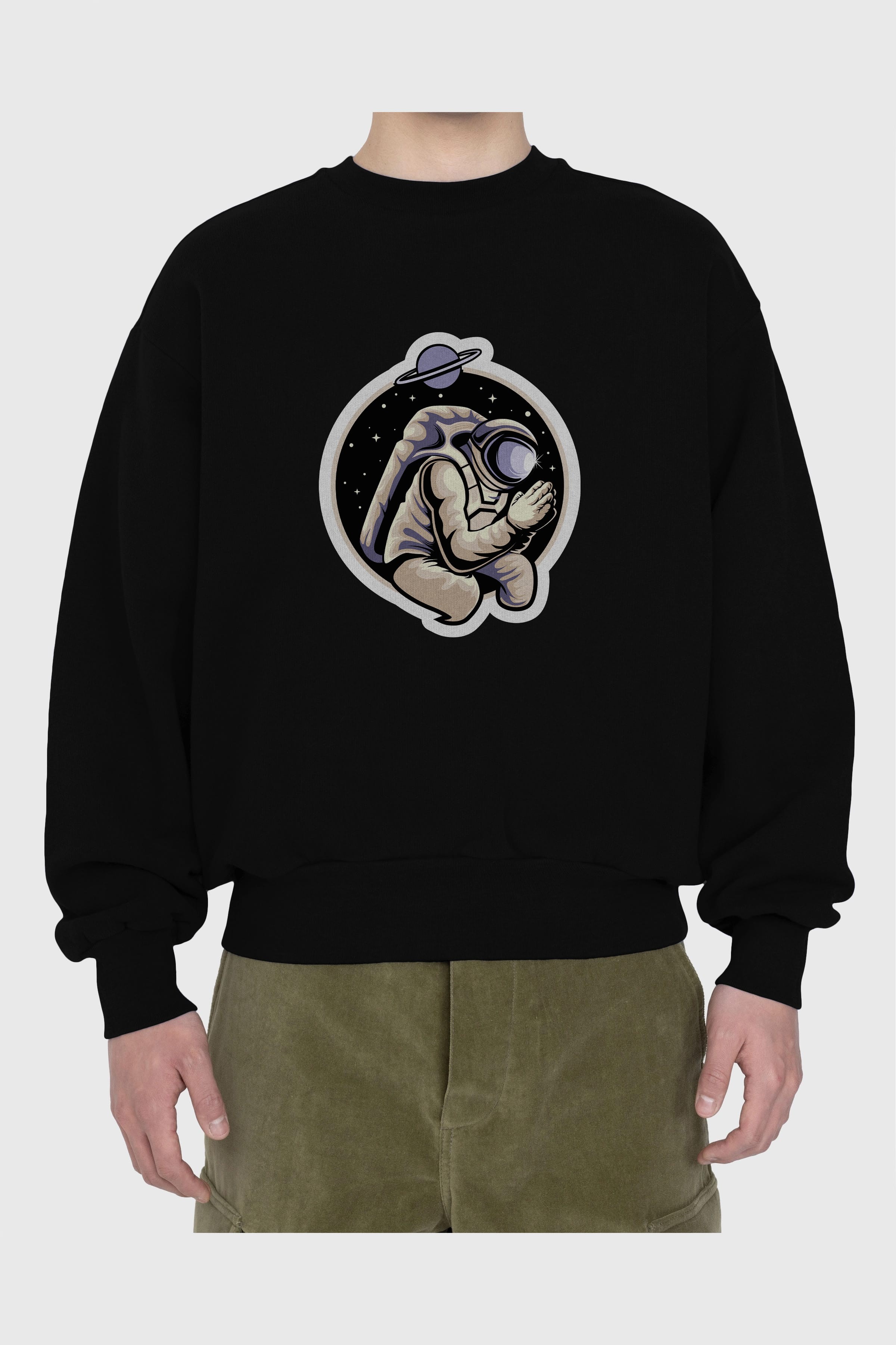 Astronaut Praying Sticker Ön Baskılı Oversize Sweatshirt Erkek Kadın Unisex