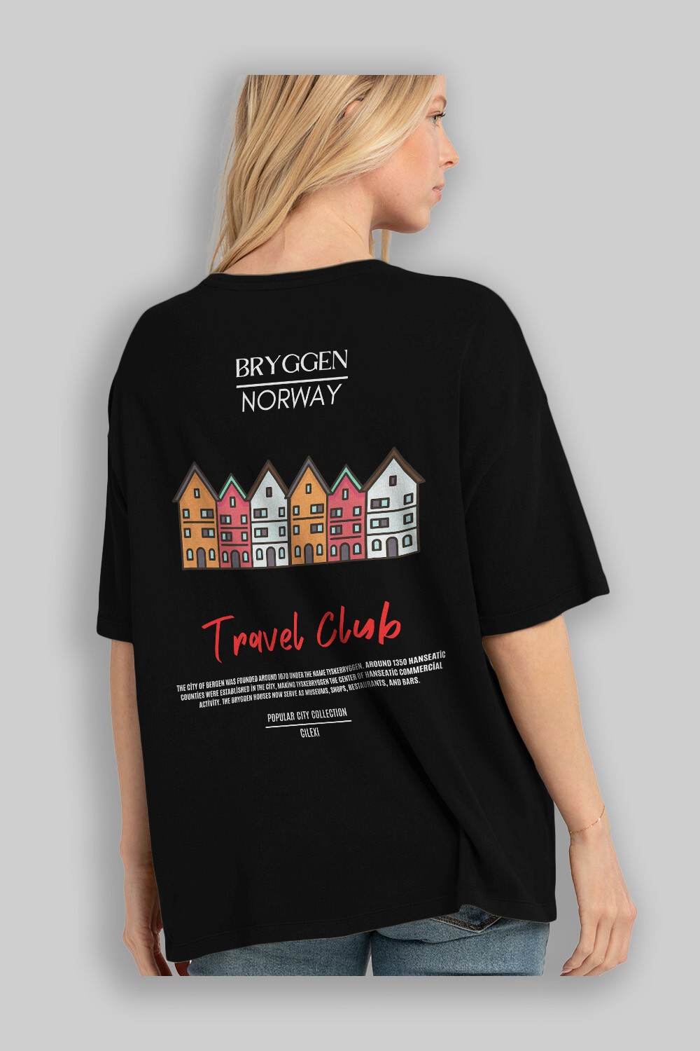 Bryggen Norway Arka Baskılı Oversize t-shirt Erkek Kadın Pamuk Bisiklet Yaka tişort