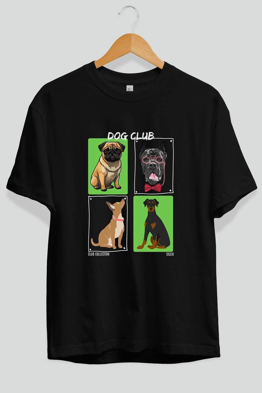 Dog Club ön Baskılı Oversize t-shirt Erkek Kadın %100 Pamuk Bisiklet Yaka tişort
