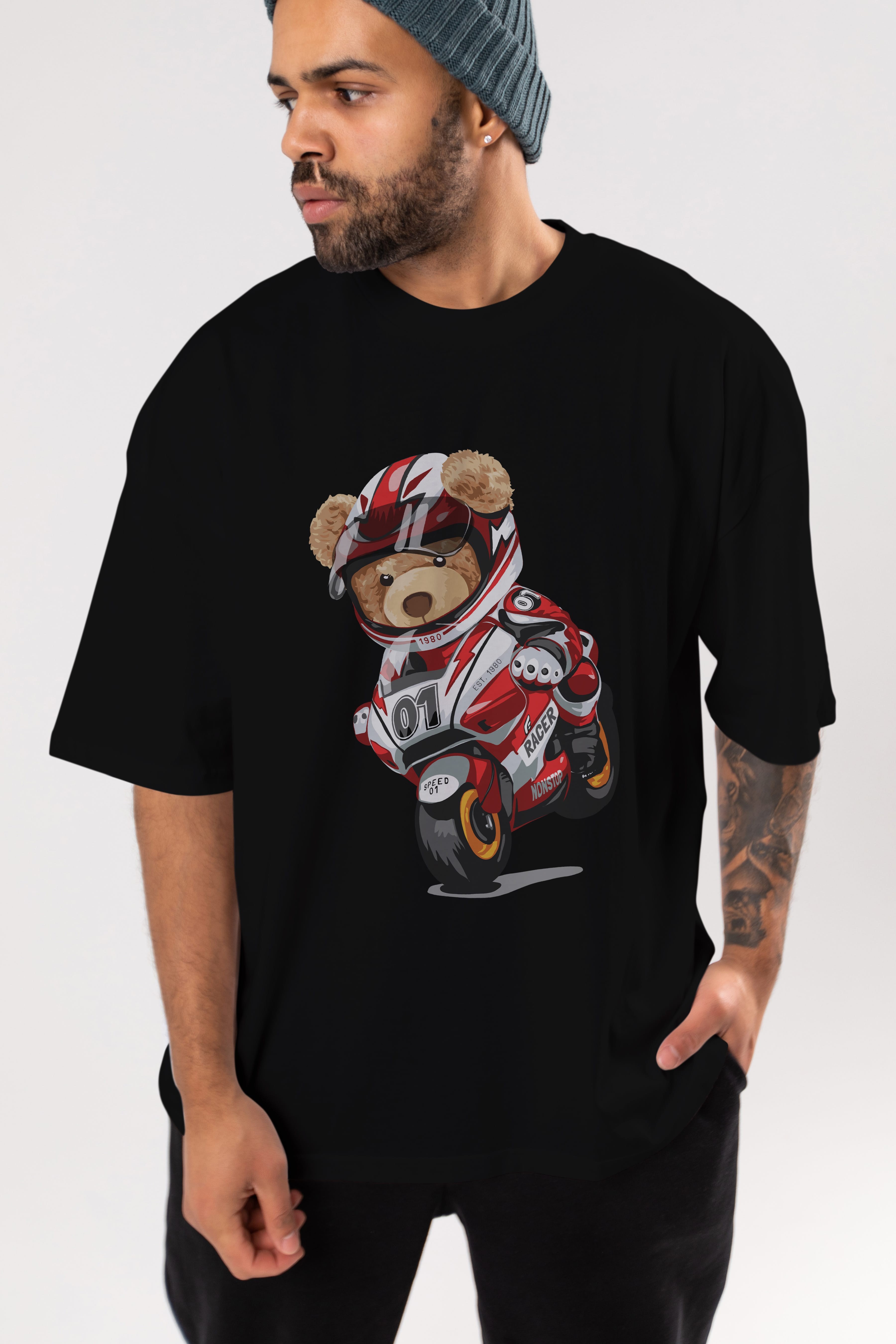 Teddy Bear Racer Ön Baskılı Oversize t-shirt Erkek Kadın Unisex %100 Pamuk