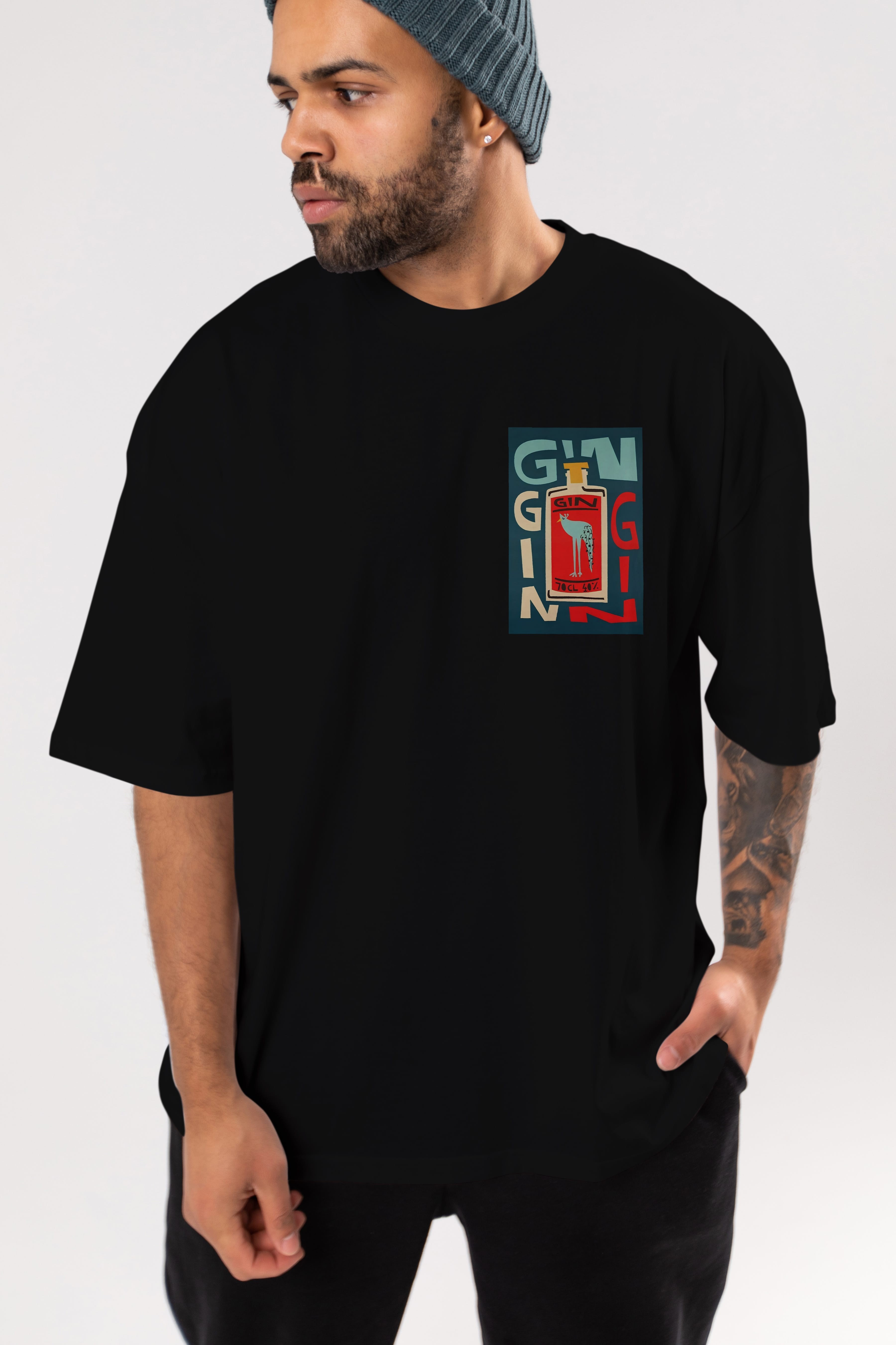 Gin 2 Ön Sol Baskılı Oversize t-shirt Erkek Kadın Unisex %100 Pamuk Bisiklet Yaka tişort