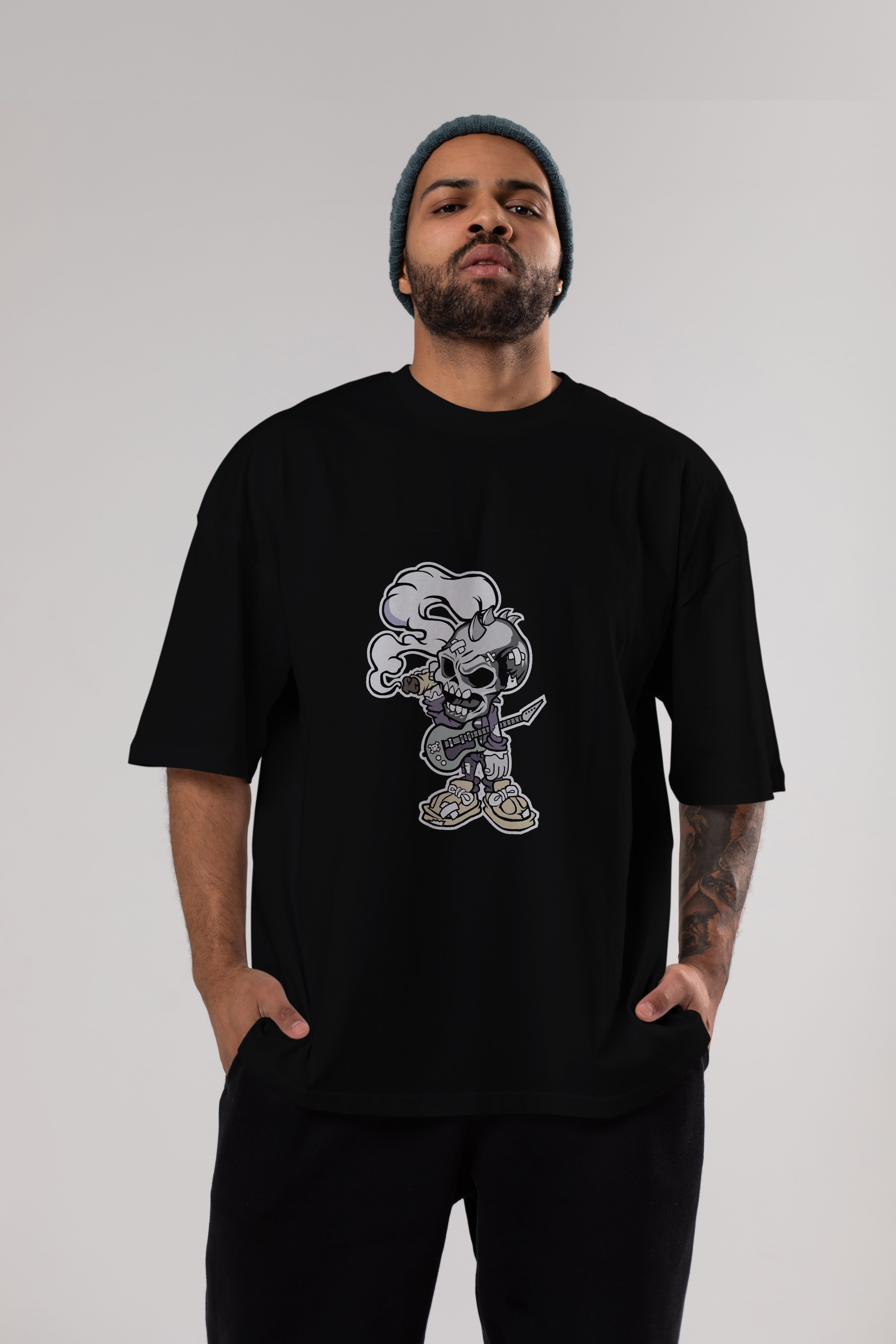 Skull Smoker Punk Rocker Ön Baskılı Oversize t-shirt Erkek Kadın Unisex %100 Pamuk tişort