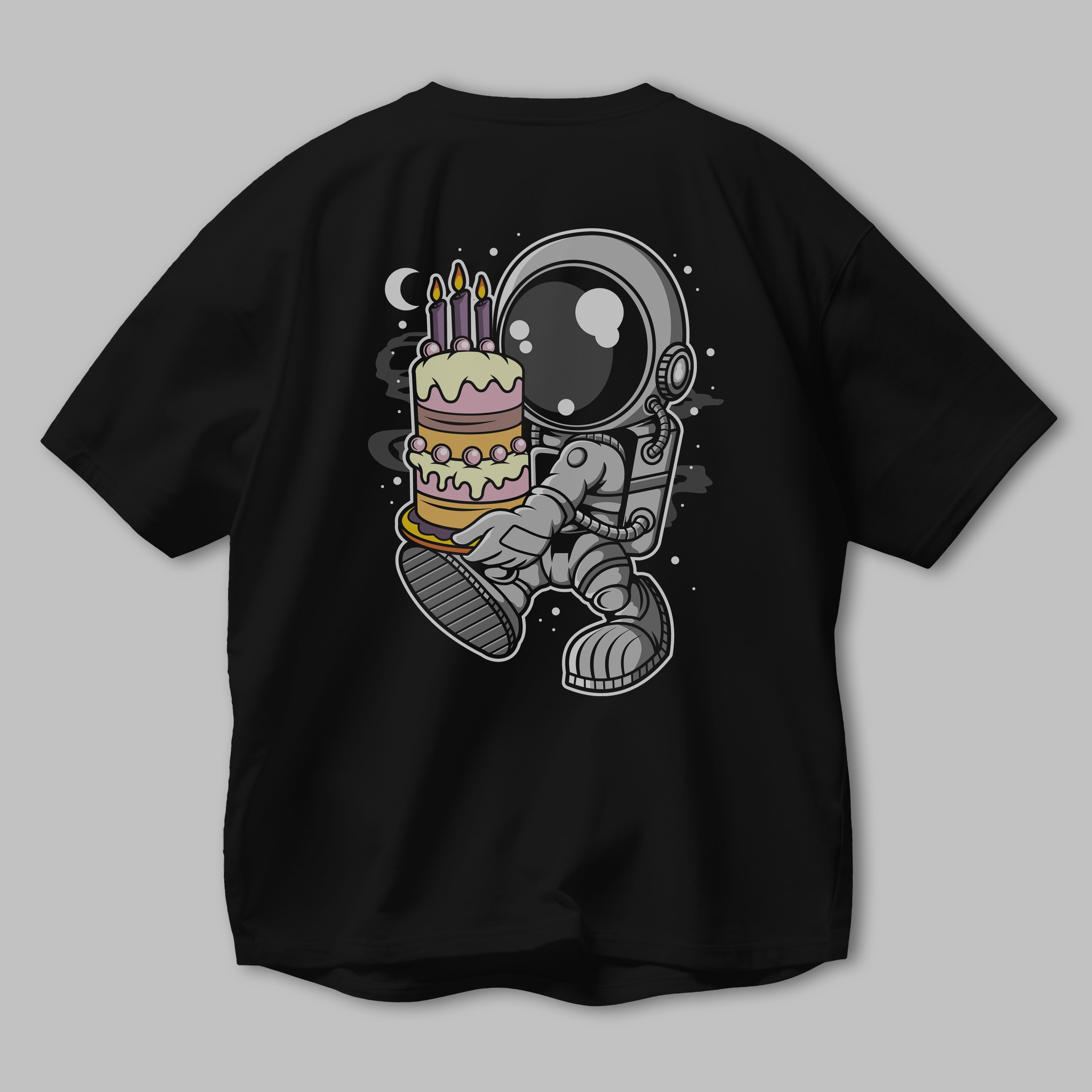 Astronaut Birthday Cake Arka Baskılı Oversize t-shirt Erkek Kadın Unisex