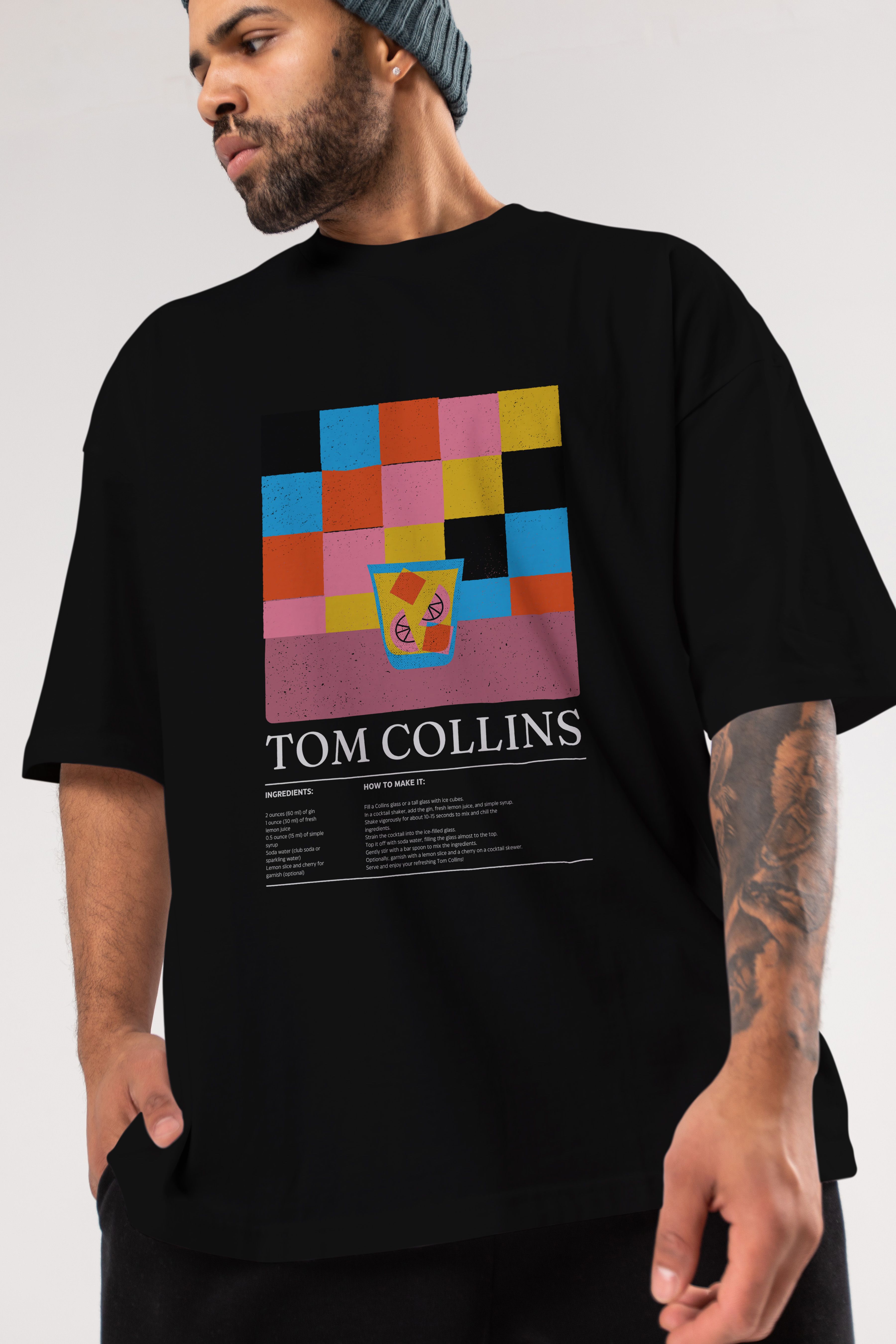 Tom Collins Kokteyl Ön Baskılı Oversize t-shirt Erkek Kadın %100 Pamuk Bisiklet Yaka tişort
