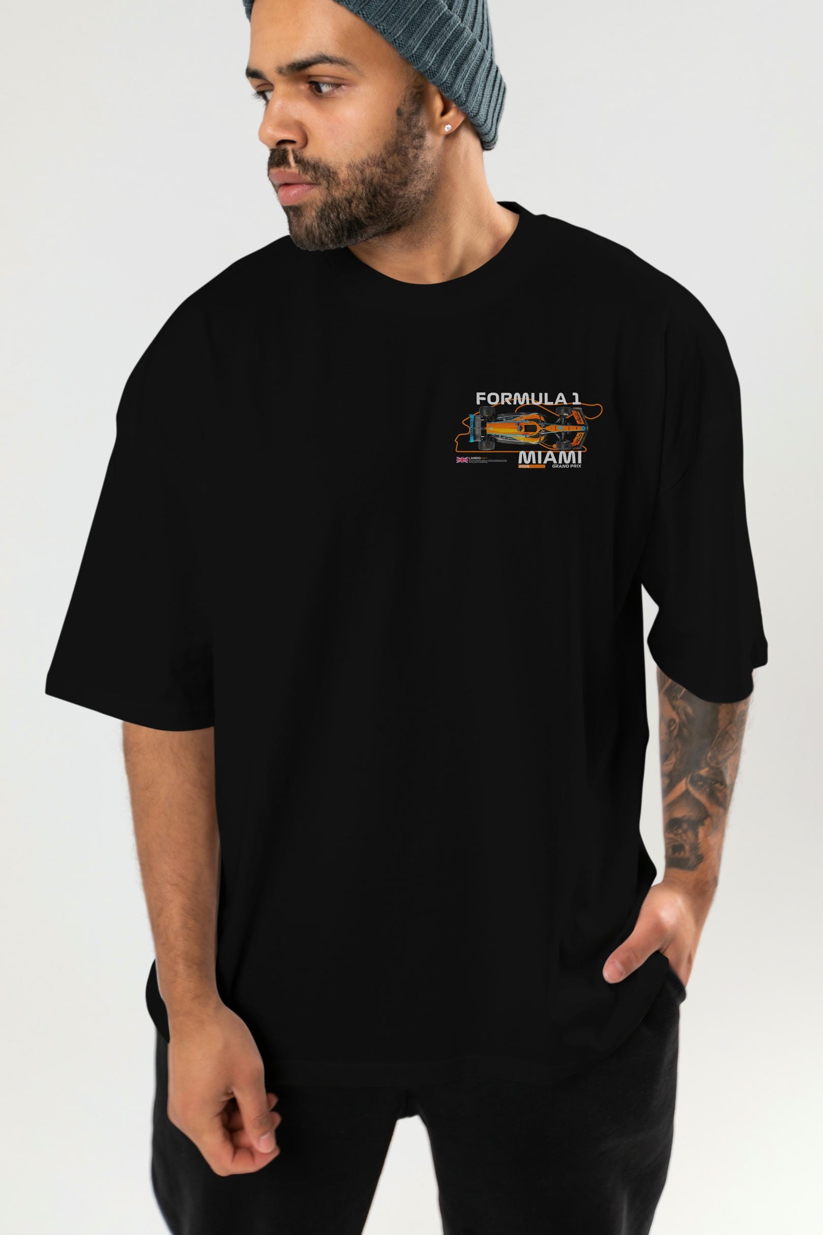 Formula 1 Miami Grand Prix Ön Sol Baskılı Oversize t-shirt Erkek Kadın Unisex %100 Pamuk Bisiklet Yaka tişort
