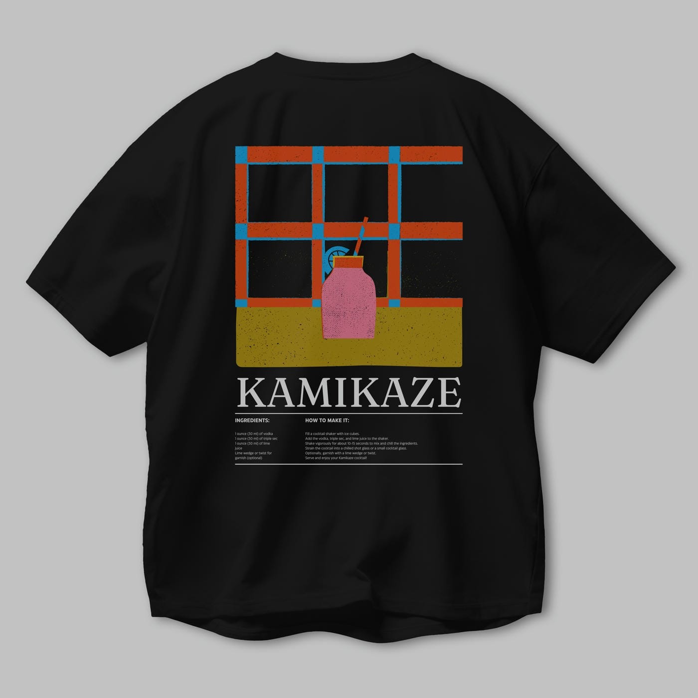Kamikaze Kokteyl Serisi Arka Baskılı Oversize t-shirt Erkek Kadın %100 Pamuk Bisiklet Yaka tişort