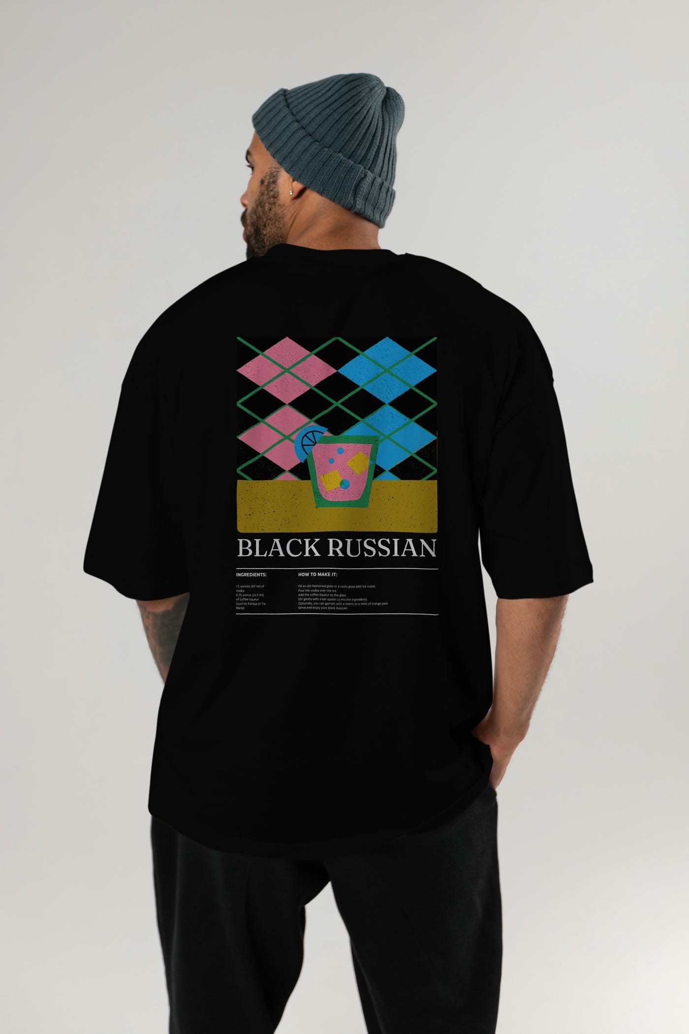 Black Russian Kokteyl Serisi Arka Baskılı Oversize t-shirt Erkek Kadın %100 Pamuk Bisiklet Yaka tişort