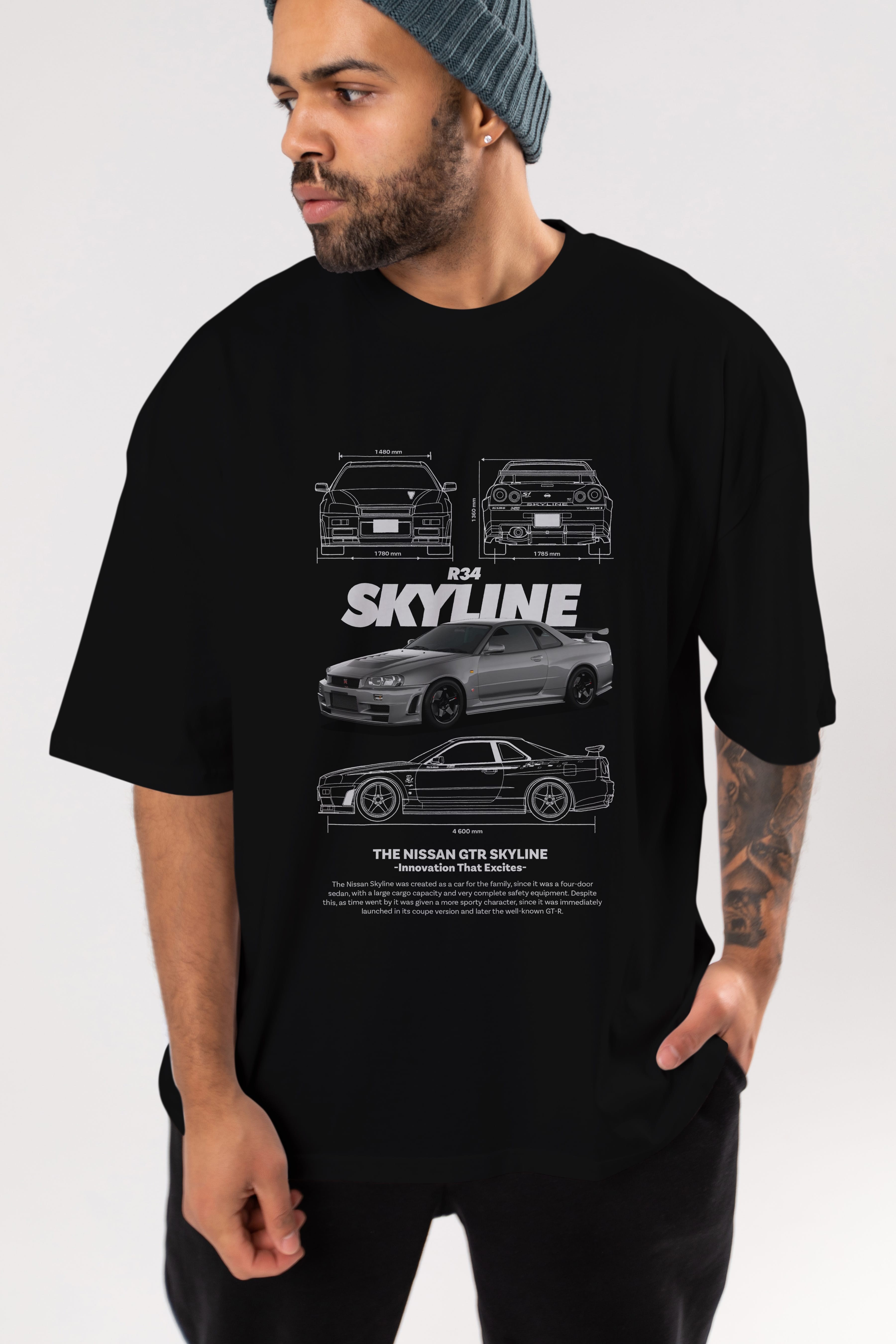 NISSAN GTR SKYLINE R34 Ön Baskılı Oversize t-shirt Erkek Kadın Unisex %100 Pamuk Bisiklet Yaka tişort