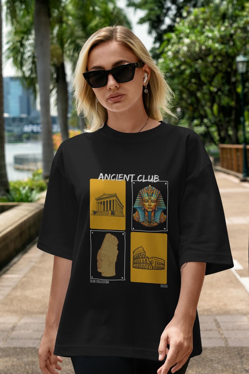 Ancient Club ön Baskılı Oversize t-shirt Erkek Kadın %100 Pamuk Bisiklet Yaka tişort