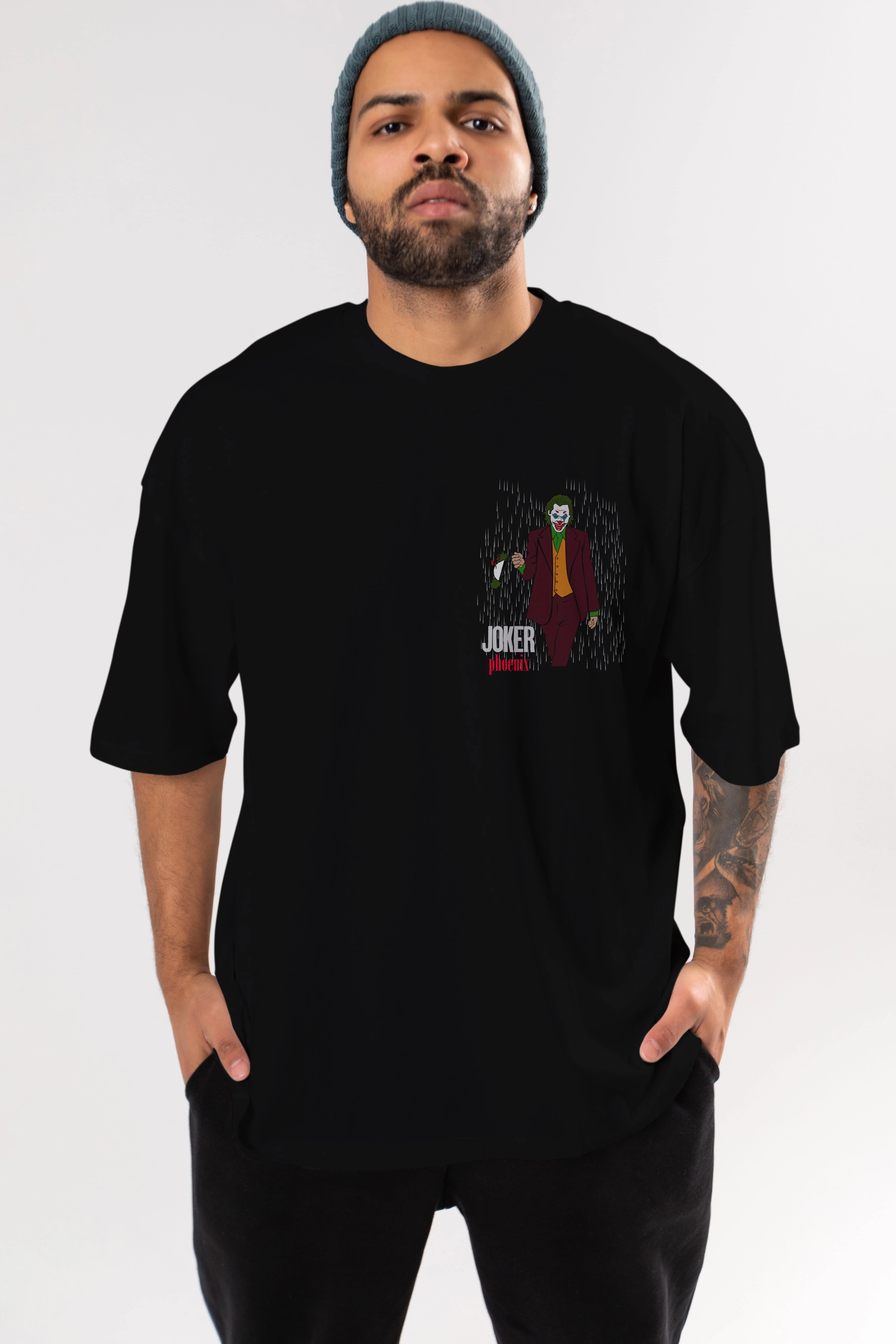 Joker (11) Ön Sol Baskılı Oversize t-shirt Erkek Kadın Unisex %100 Pamuk Bisiklet Yaka tişort